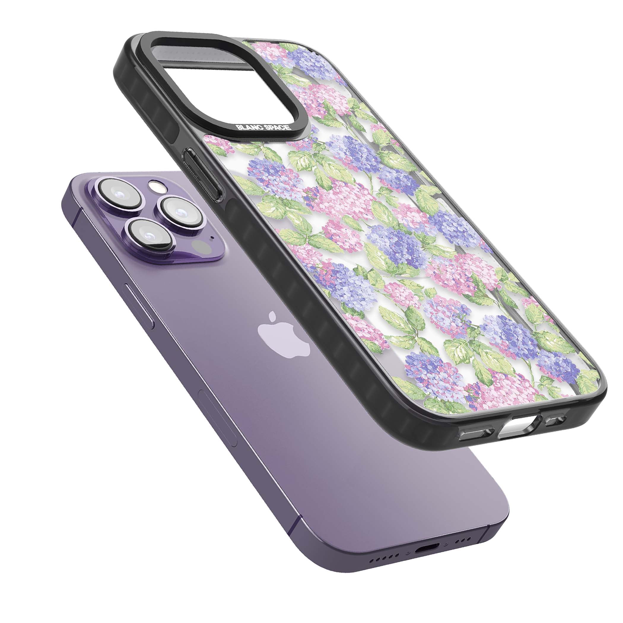 Cottage Hydrangea cottagecore iPhone case featuring pink and purple hydrangea blooms with green leaves on a clear background | Black Impact Magsafe case for iPhone 13 Pro, iPhone 14 Pro, iPhone 15 Pro