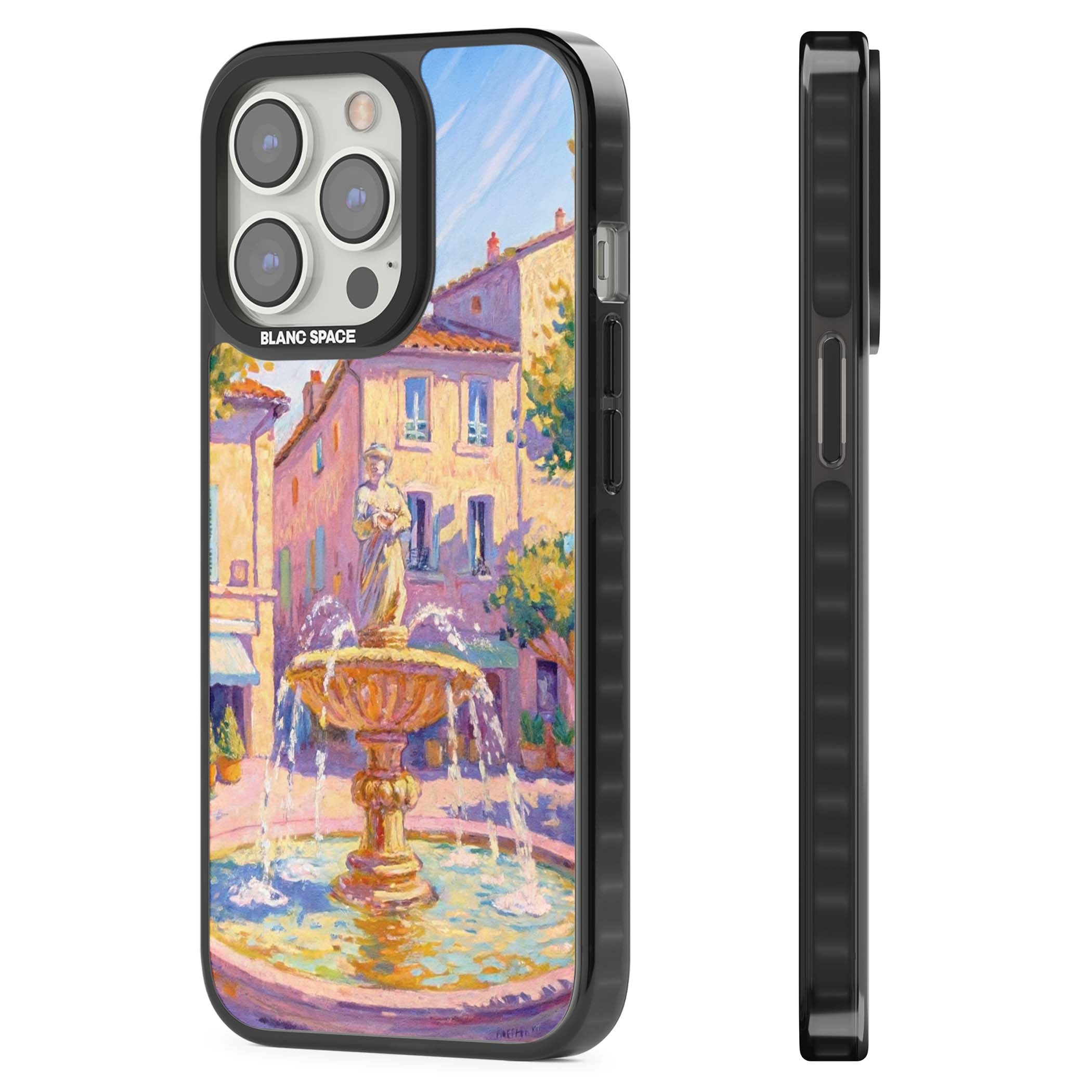 Fountain Square fine art iPhone case featuring an impressionist Provençal fountain, pastel village buildings and summe | Black Impact Magsafe case for iPhone 13 Pro, iPhone 14 Pro, iPhone 15 Pro