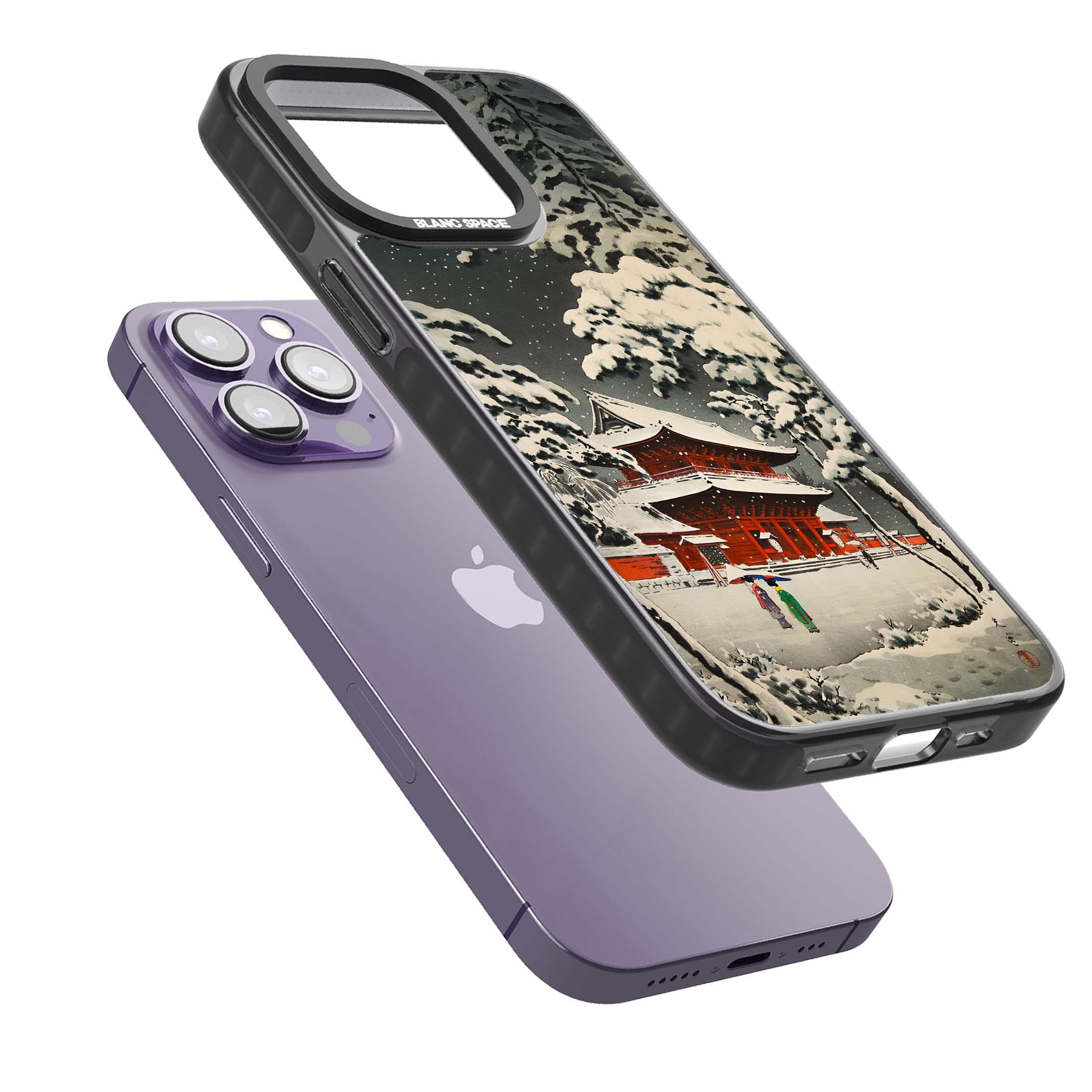 Snow at Shiha Park, Tokyo Japanese art iPhone case featuring a vintage ukiyo-e snowy temple, red pagoda, and snow-covered pin | Black Impact Magsafe case for iPhone 13 Pro, iPhone 14 Pro, iPhone 15 Pro