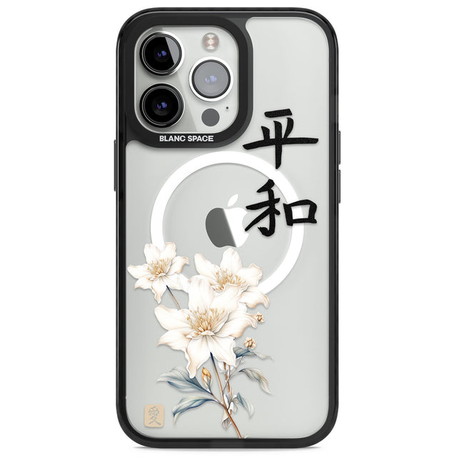 Peace and Flowers Magsafe Black Impact Phone Case for iPhone 13 Pro, iPhone 14 Pro, iPhone 15 Pro