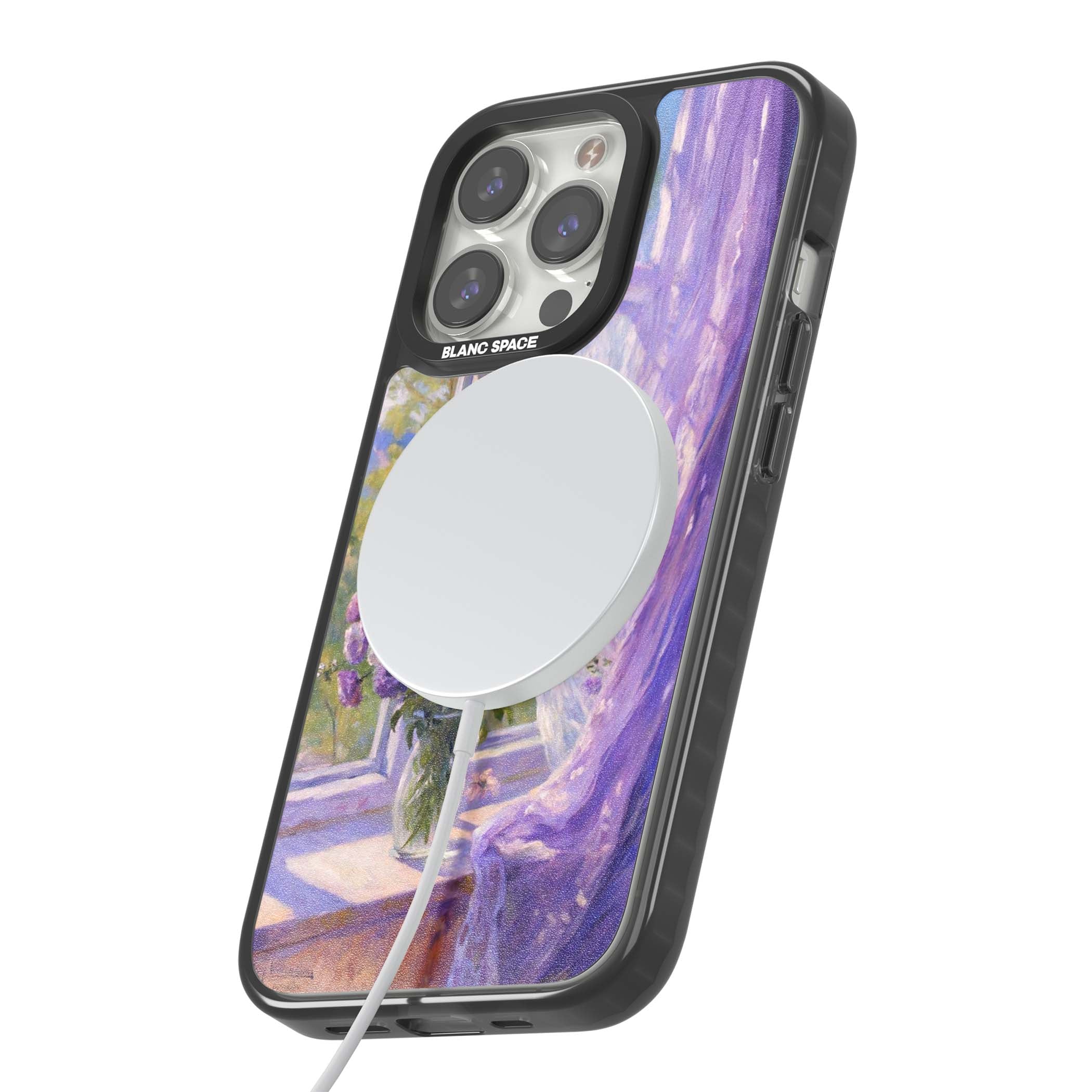 A Provence Morning impressionist art iPhone case featuring a vase of purple flowers, sunlit window and sheer curt | Black Impact Magsafe case for iPhone 13 Pro, iPhone 14 Pro, iPhone 15 Pro