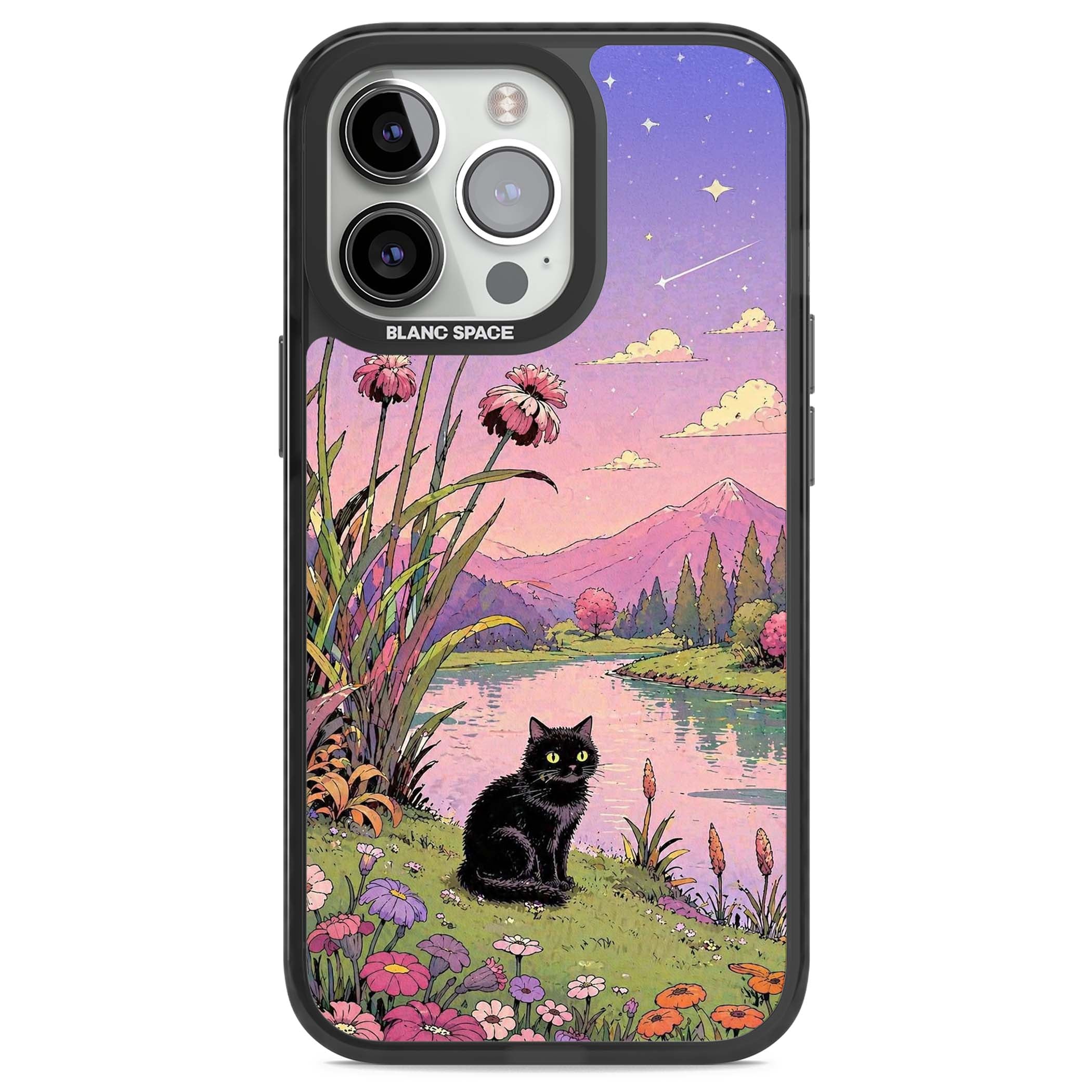 Mystic Whiskers ghibli iPhone case featuring a black cat by a pastel lake, wildflowers and a starry sunset sky | Black Impact Magsafe case for iPhone 13 Pro, iPhone 14 Pro, iPhone 15 Pro
