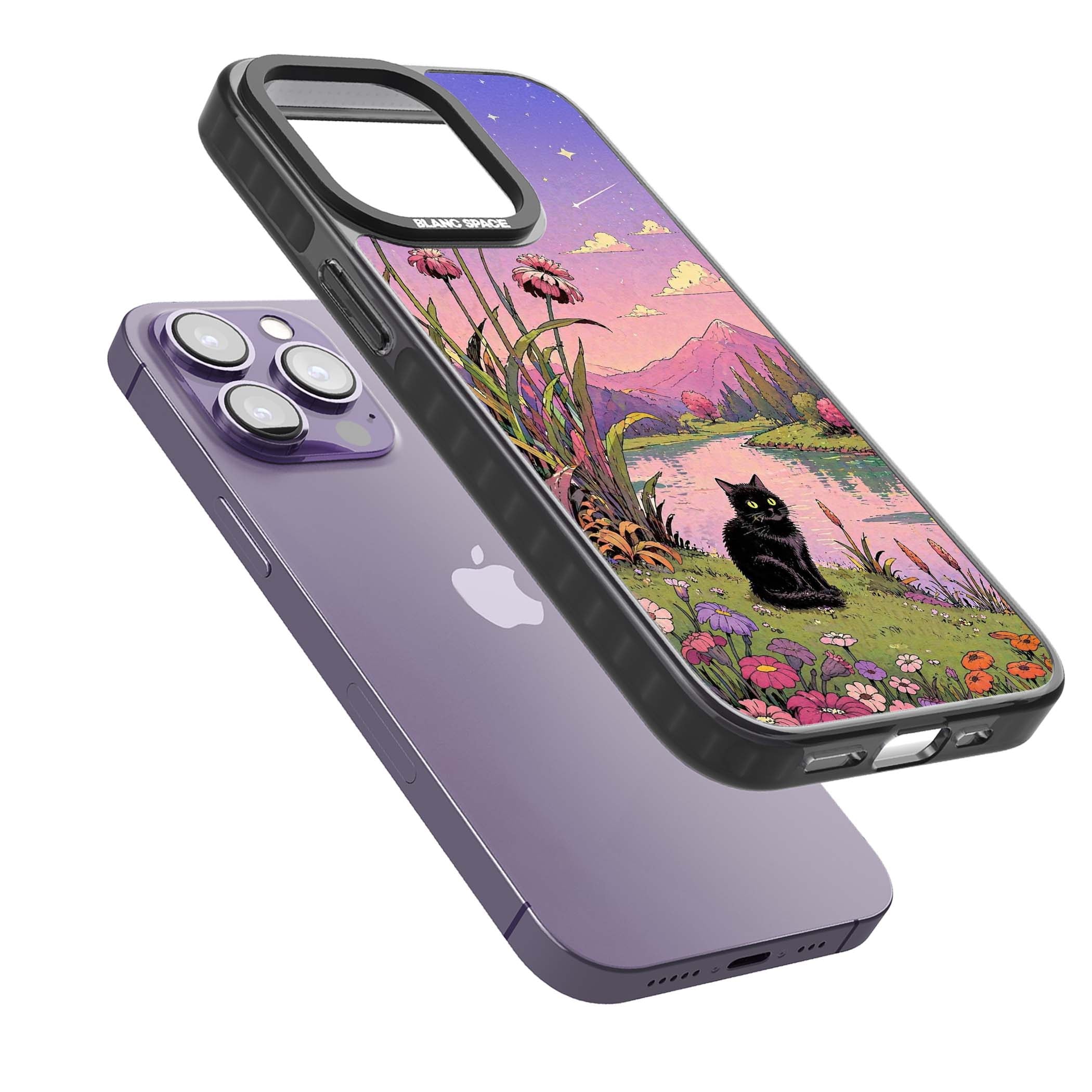 Mystic Whiskers ghibli iPhone case featuring a black cat by a pastel lake, wildflowers and a starry sunset sky | Black Impact Magsafe case for iPhone 13 Pro, iPhone 14 Pro, iPhone 15 Pro