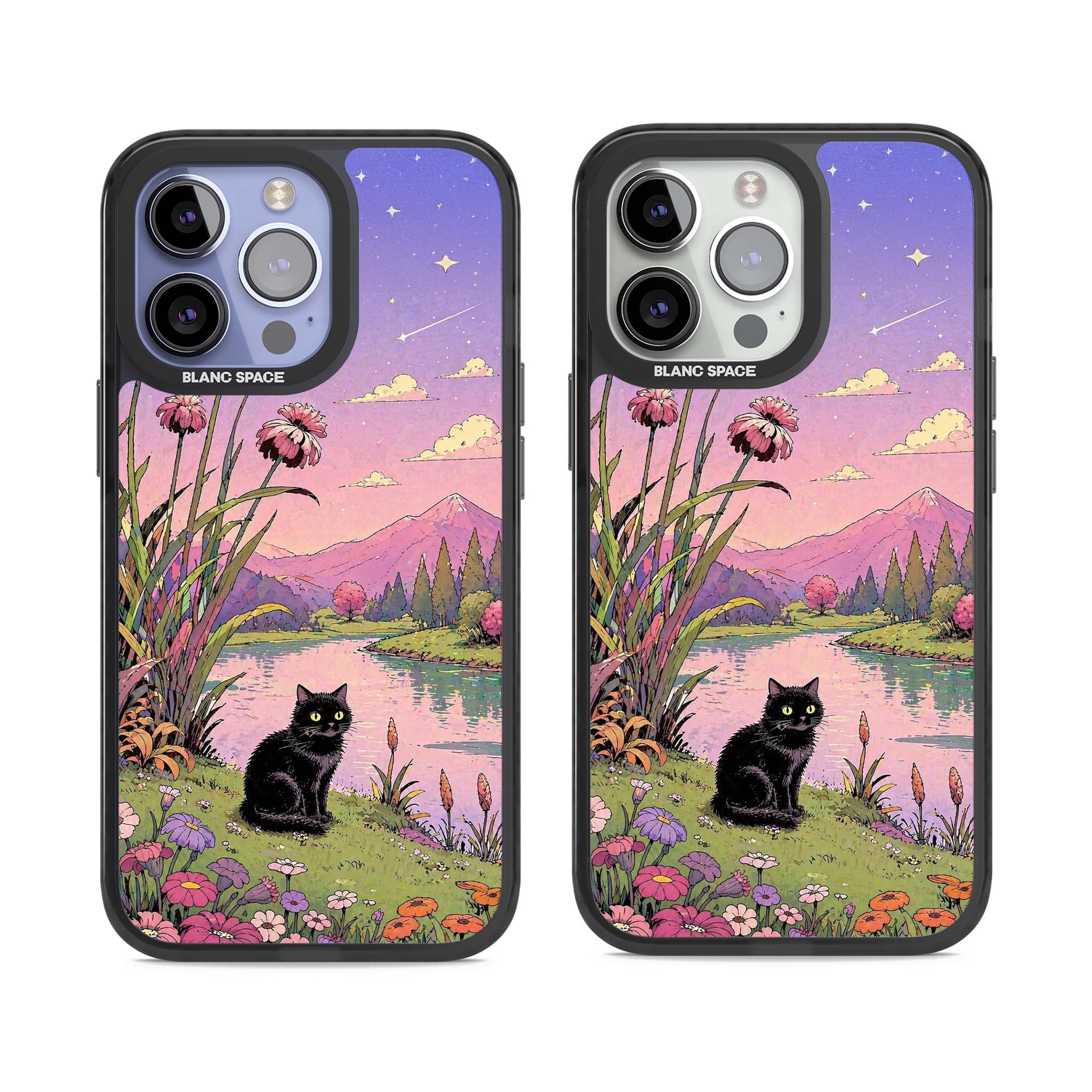 Mystic Whiskers ghibli iPhone case featuring a black cat by a pastel lake, wildflowers and a starry sunset sky | Black Impact Magsafe case for iPhone 13 Pro, iPhone 14 Pro, iPhone 15 Pro
