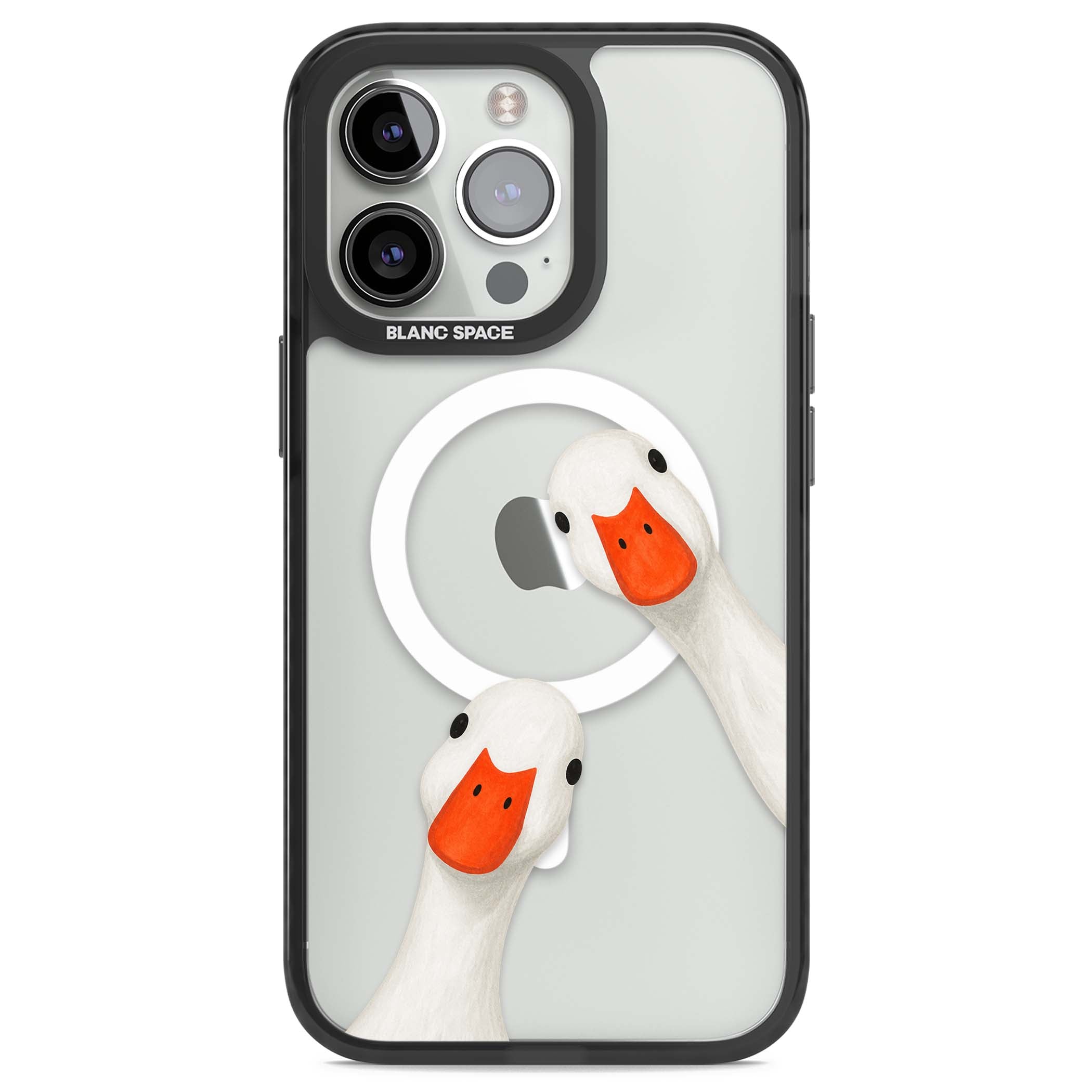 Nosy Ducks cottagecore iPhone case featuring two peeking white ducks with orange beaks on a clear background | Black Impact Magsafe case for iPhone 13 Pro, iPhone 14 Pro, iPhone 15 Pro