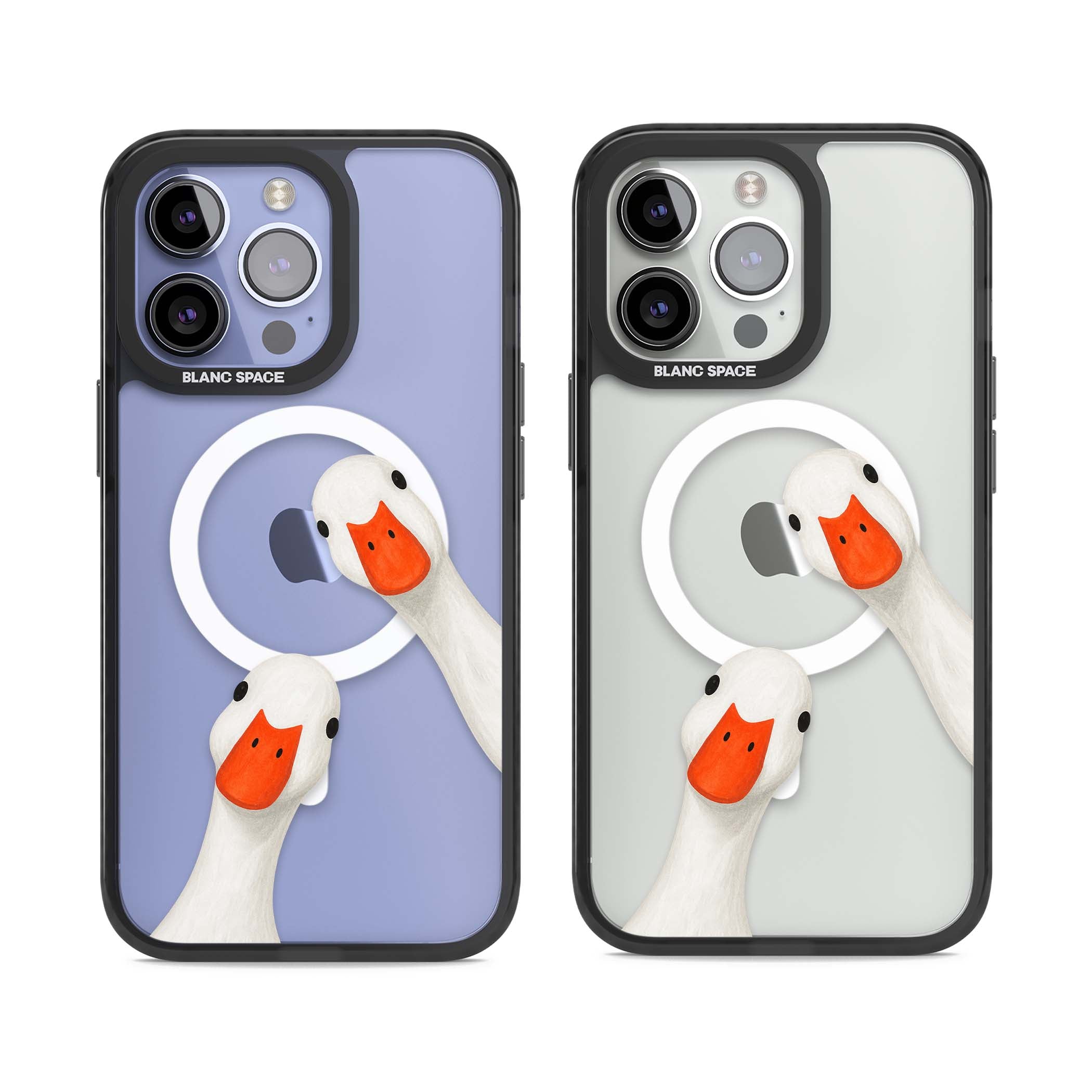 Nosy Ducks cottagecore iPhone case featuring two peeking white ducks with orange beaks on a clear background | Black Impact Magsafe case for iPhone 13 Pro, iPhone 14 Pro, iPhone 15 Pro