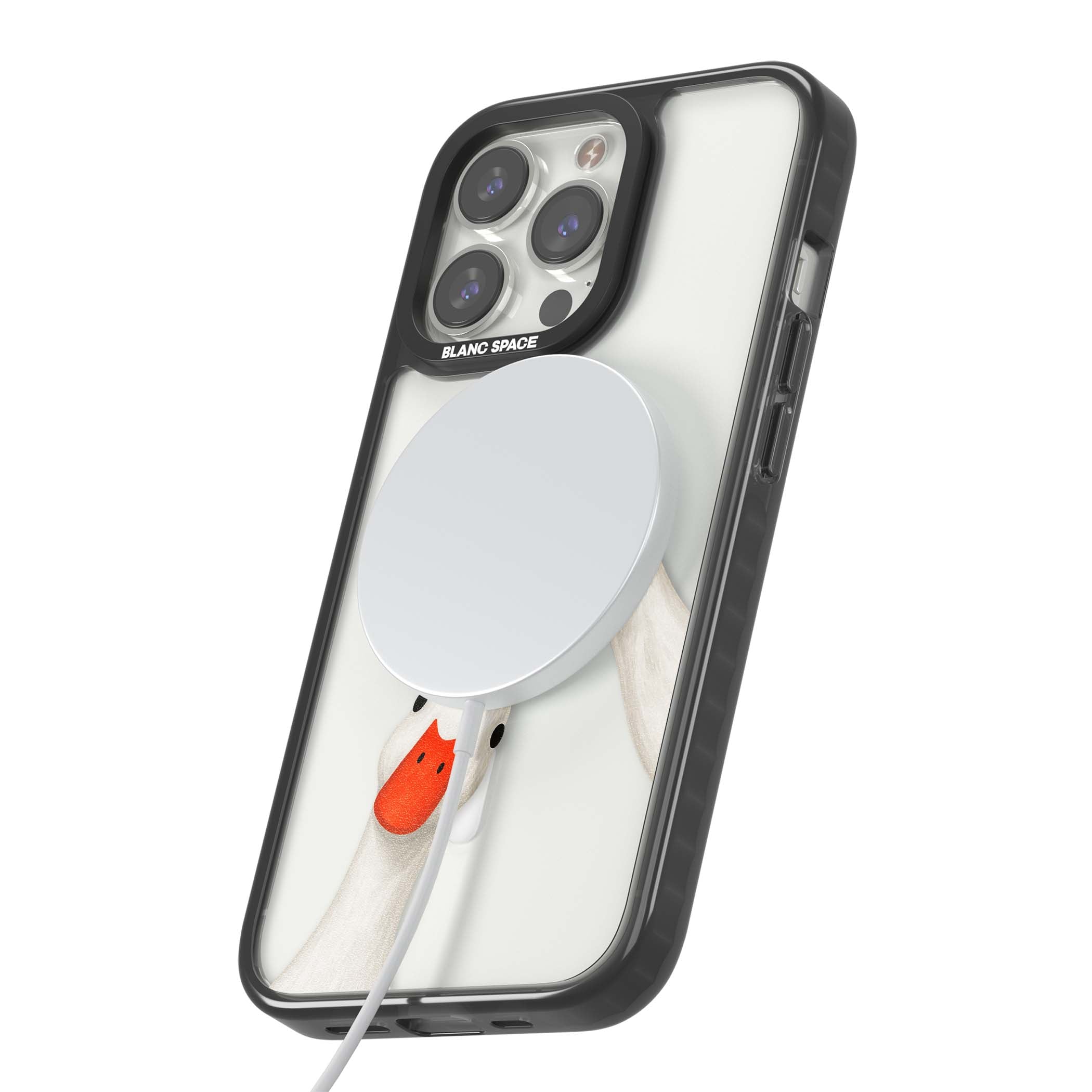 Nosy Ducks cottagecore iPhone case featuring two peeking white ducks with orange beaks on a clear background | Black Impact Magsafe case for iPhone 13 Pro, iPhone 14 Pro, iPhone 15 Pro