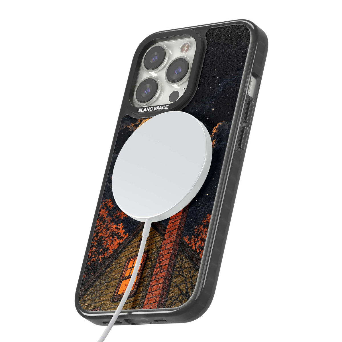 Hollows Eve Halloween iPhone case featuring a haunted house, full moon and flying bats against a starry autumn sky | Black Impact Magsafe case for iPhone 13 Pro, iPhone 14 Pro, iPhone 15 Pro