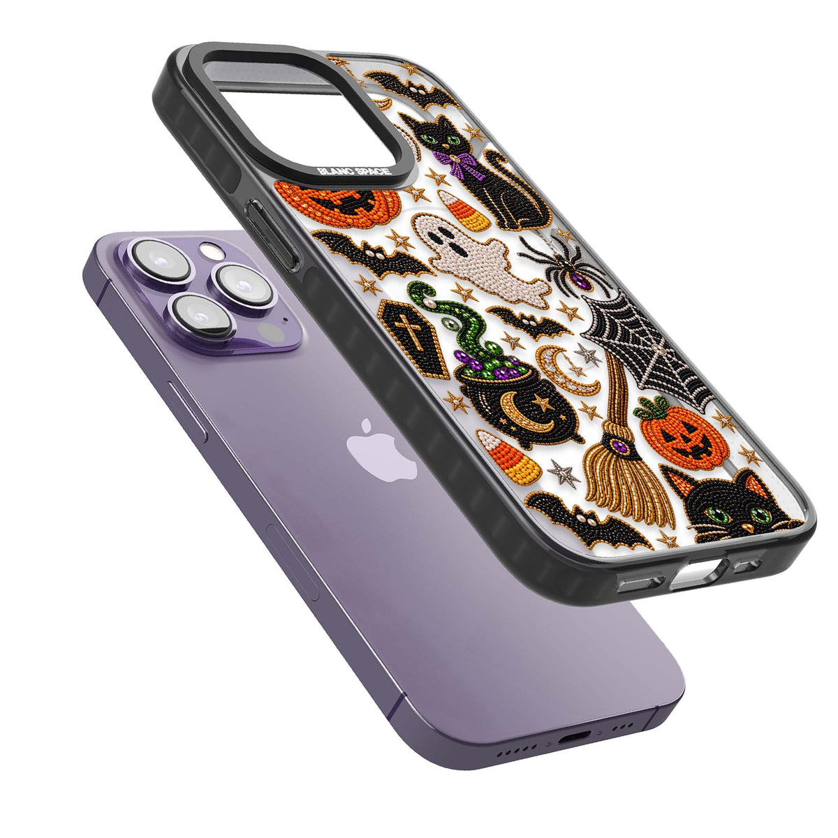 Beaded Halloween Halloween iPhone case featuring beaded pumpkins, ghosts, black cats and bats | Black Impact Magsafe case for iPhone 13 Pro, iPhone 14 Pro, iPhone 15 Pro