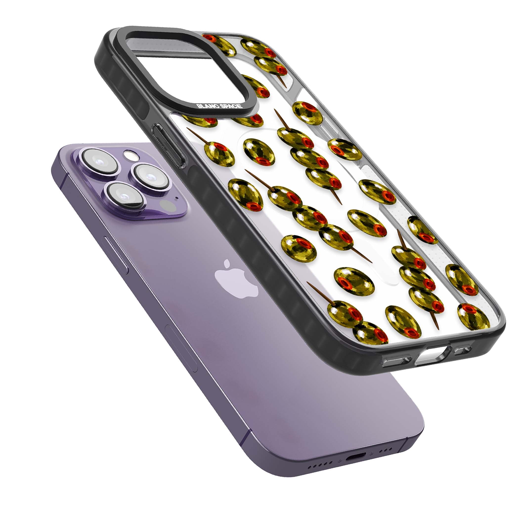 Painted Olives cocktail iPhone case featuring green olives, pimento centres and toothpick skewers on a clear background | Black Impact Magsafe case for iPhone 13 Pro, iPhone 14 Pro, iPhone 15 Pro