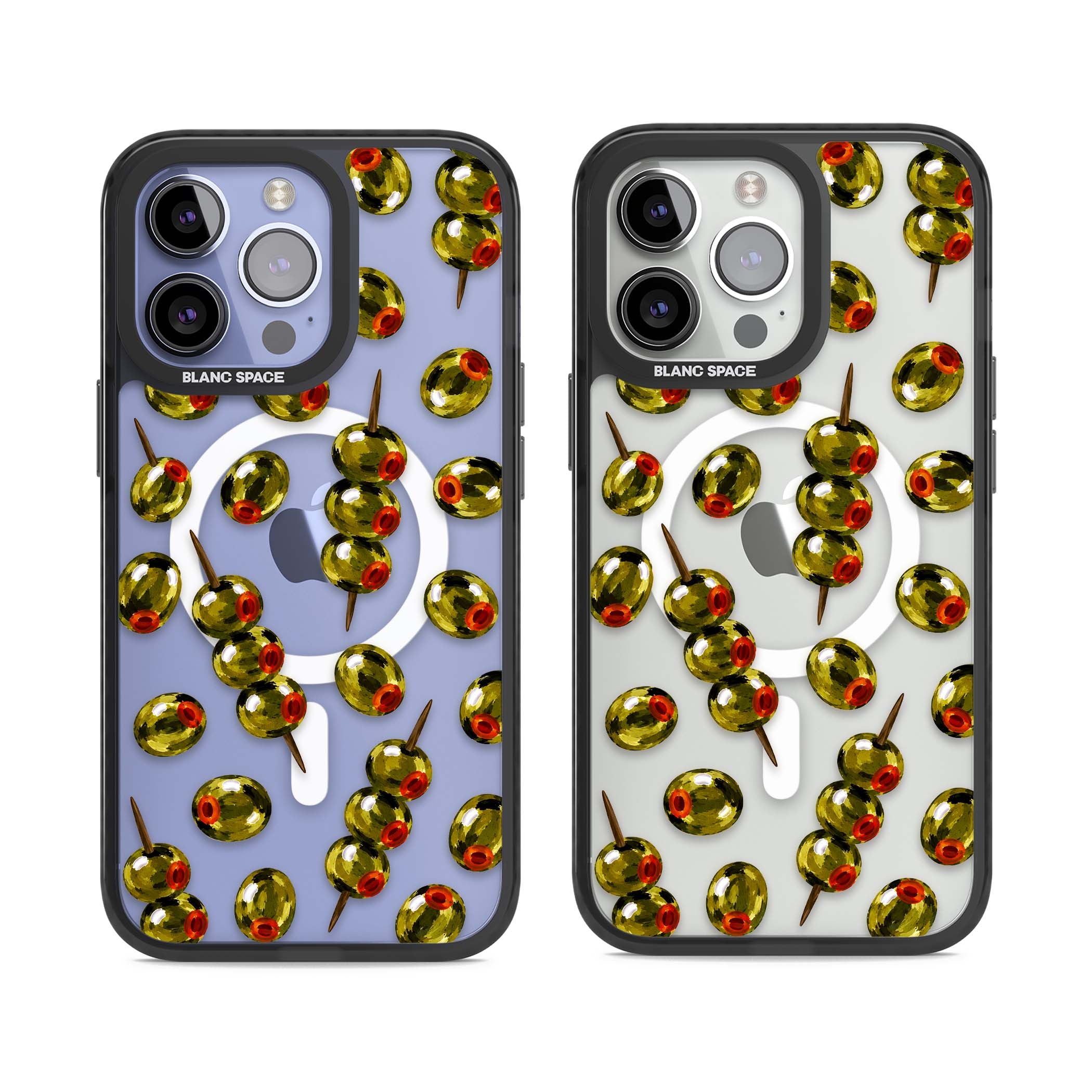 Painted Olives cocktail iPhone case featuring green olives, pimento centres and toothpick skewers on a clear background | Black Impact Magsafe case for iPhone 13 Pro, iPhone 14 Pro, iPhone 15 Pro