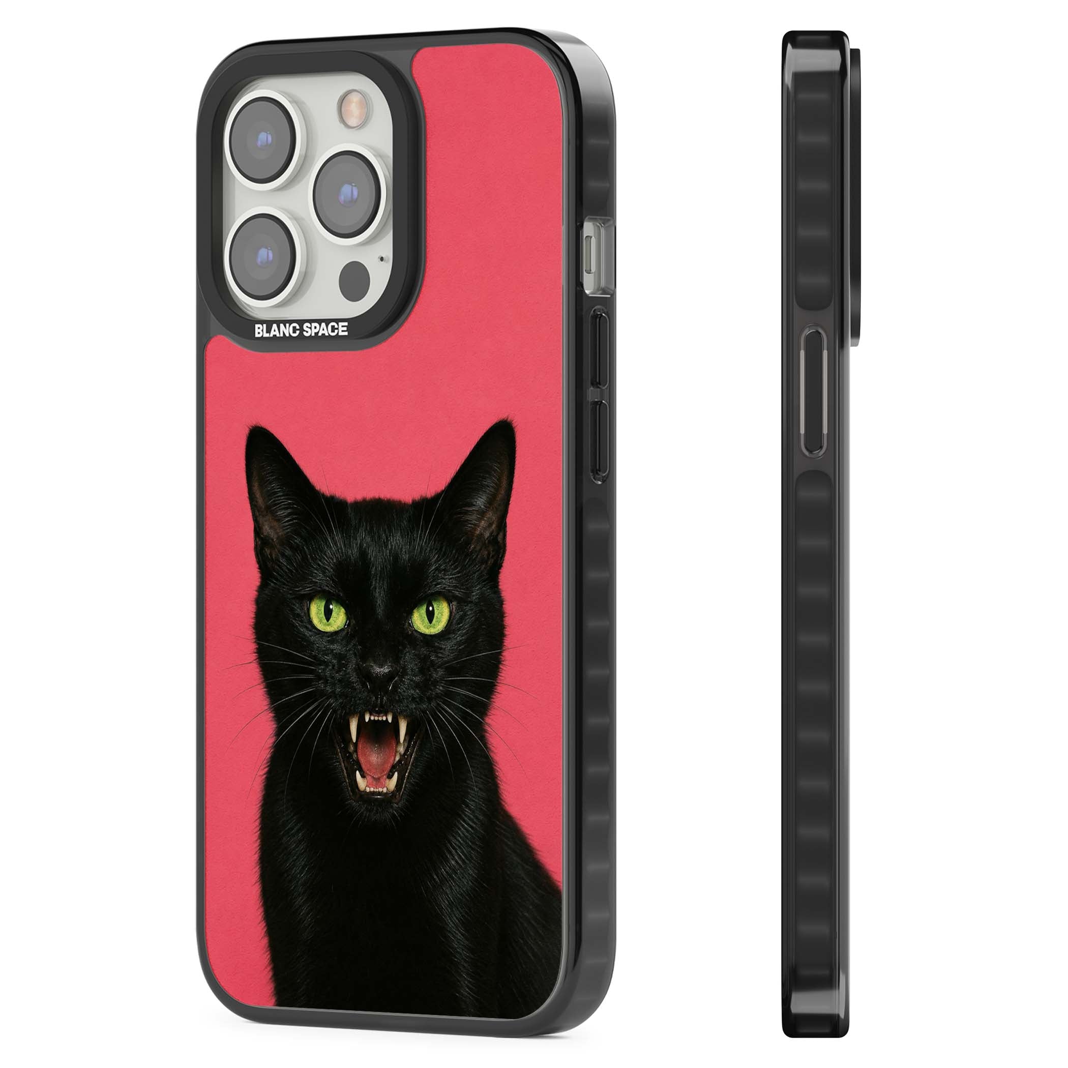 Hissin' Baddie black cat iPhone case featuring a hissing feline with green eyes on a hot pink background | Black Impact Magsafe case for iPhone 13 Pro, iPhone 14 Pro, iPhone 15 Pro