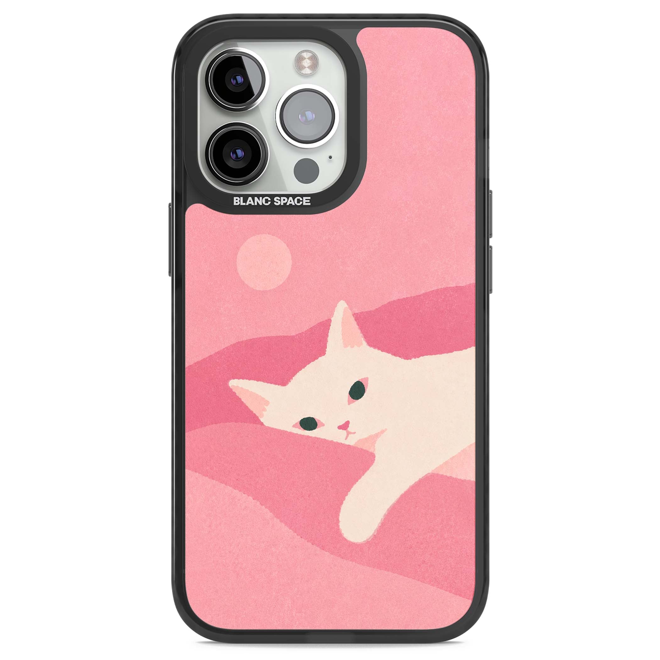 Pink Dreams cute cat iPhone case featuring a white kitten, soft pink hills and a pale pastel sun | Black Impact Magsafe case for iPhone 13 Pro, iPhone 14 Pro, iPhone 15 Pro