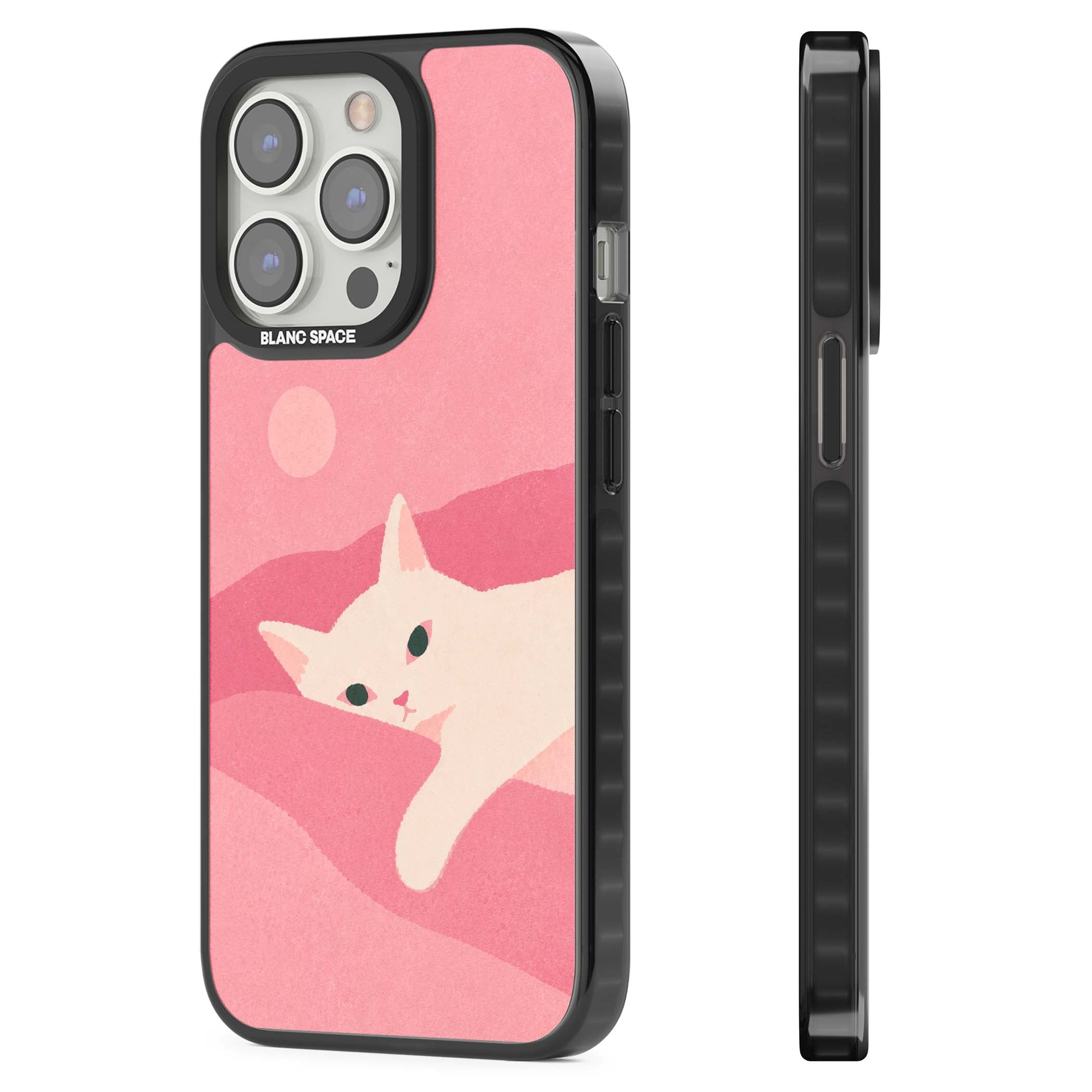Pink Dreams cute cat iPhone case featuring a white kitten, soft pink hills and a pale pastel sun | Black Impact Magsafe case for iPhone 13 Pro, iPhone 14 Pro, iPhone 15 Pro