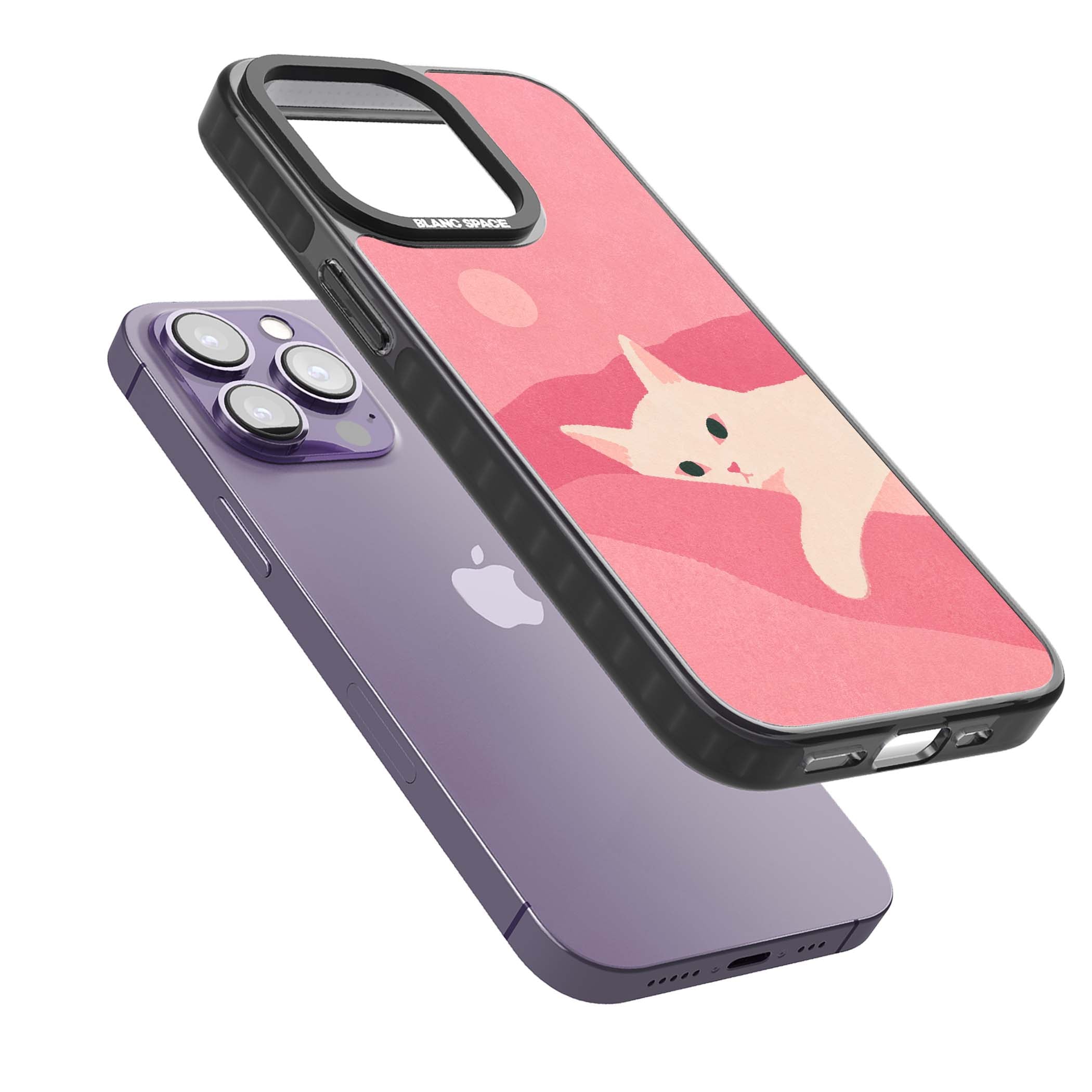Pink Dreams cute cat iPhone case featuring a white kitten, soft pink hills and a pale pastel sun | Black Impact Magsafe case for iPhone 13 Pro, iPhone 14 Pro, iPhone 15 Pro