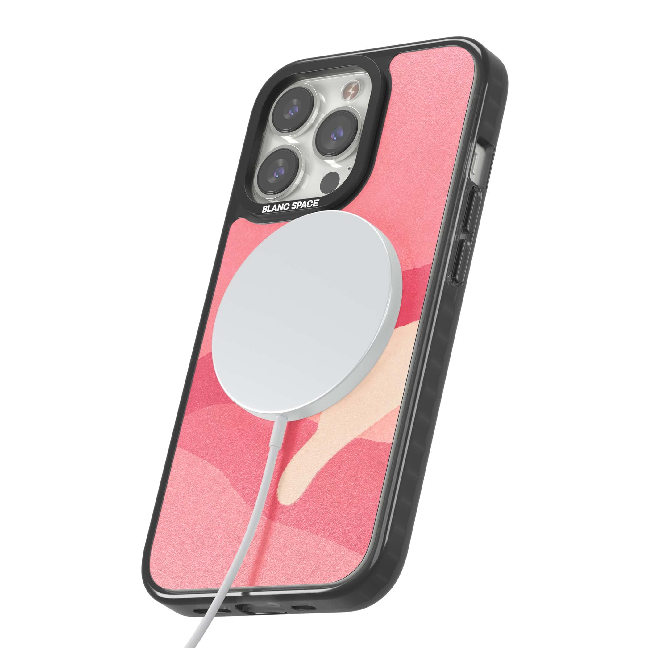 Pink Dreams cute cat iPhone case featuring a white kitten, soft pink hills and a pale pastel sun | Black Impact Magsafe case for iPhone 13 Pro, iPhone 14 Pro, iPhone 15 Pro