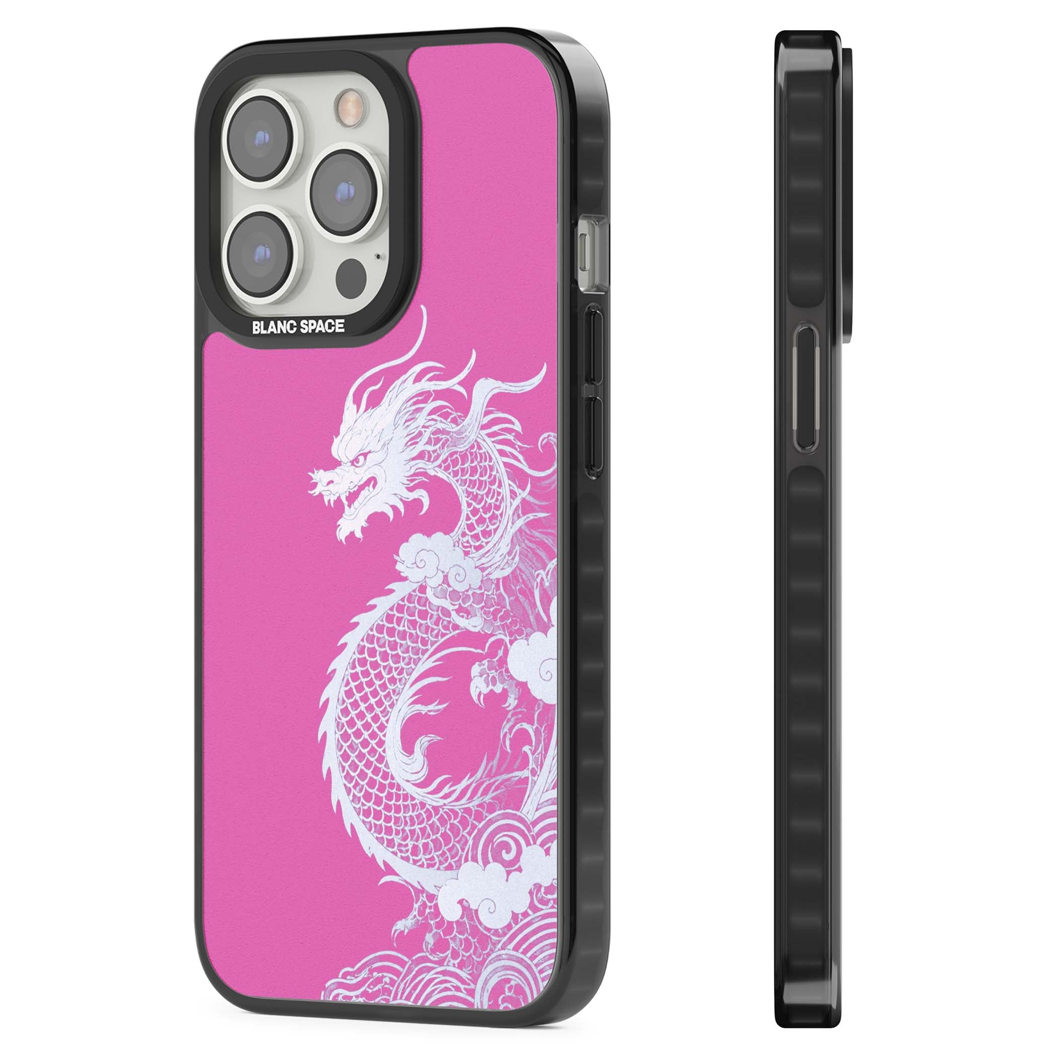 Pink Empress chinese dragon iPhone case featuring a white dragon, swirling clouds and pink dragon wallpaper backdrop | Black Impact Magsafe case for iPhone 13 Pro, iPhone 14 Pro, iPhone 15 Pro