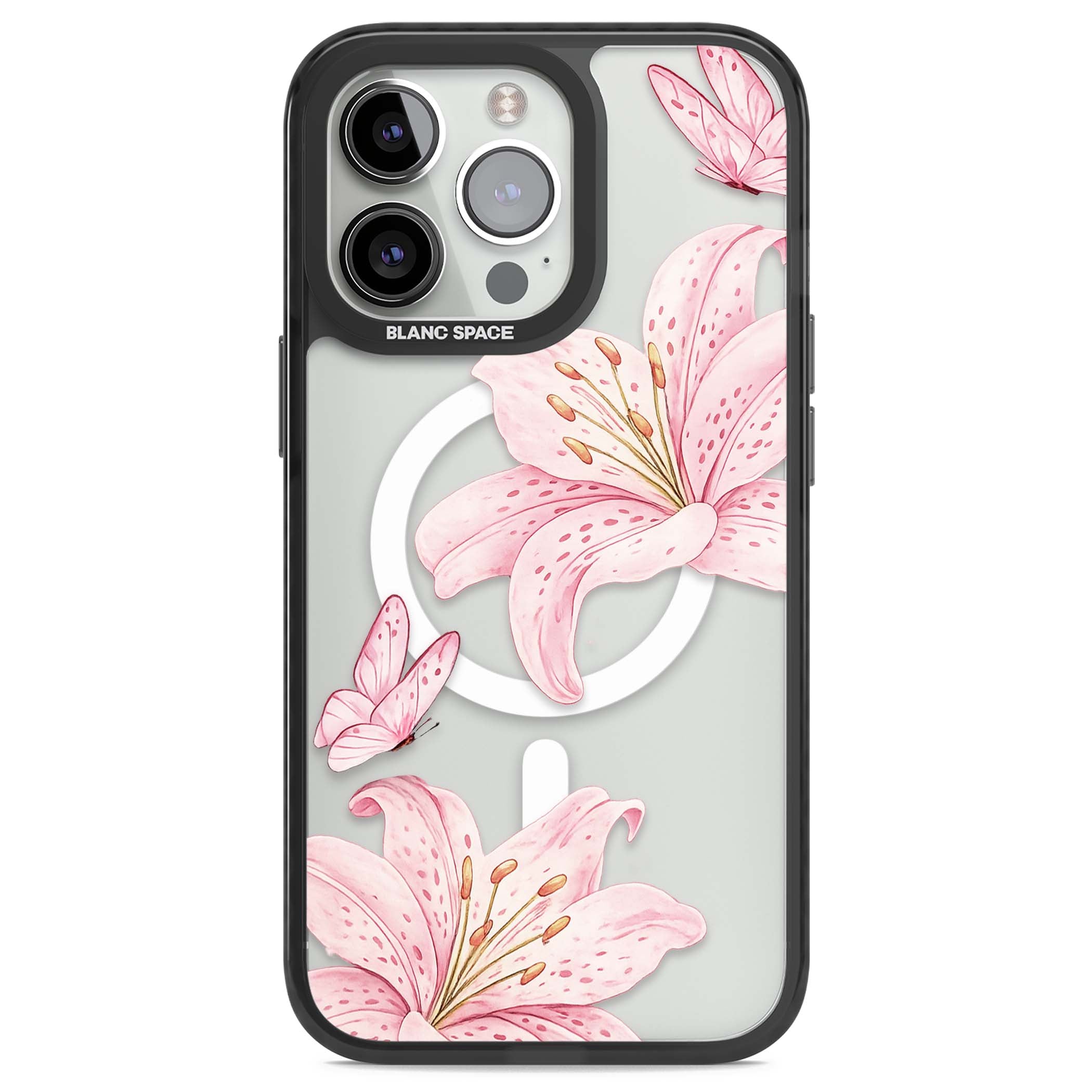 Lily Whisper floral iPhone case featuring pink watercolour lilies and delicate butterflies on a clear background | Black Impact Magsafe case for iPhone 13 Pro, iPhone 14 Pro, iPhone 15 Pro