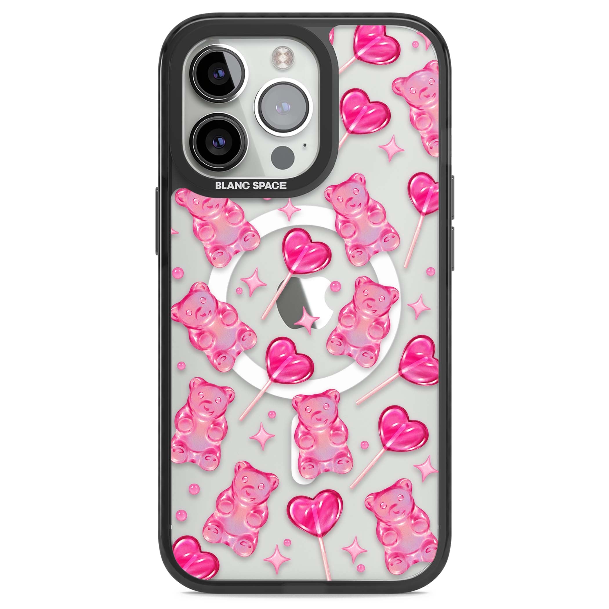Pink Sugar pinkcore iPhone case featuring pink gummy bears, heart-shaped lollipops and sparkle stars | Black Impact Magsafe case for iPhone 13 Pro, iPhone 14 Pro, iPhone 15 Pro