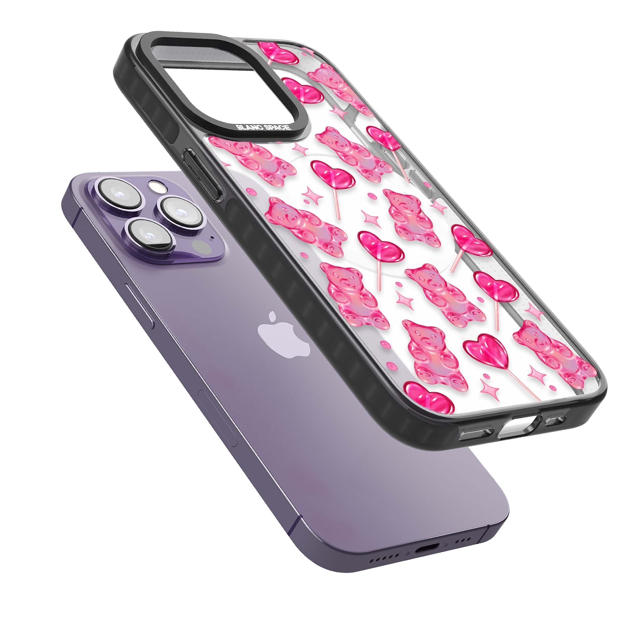 Pink Sugar pinkcore iPhone case featuring pink gummy bears, heart-shaped lollipops and sparkle stars | Black Impact Magsafe case for iPhone 13 Pro, iPhone 14 Pro, iPhone 15 Pro