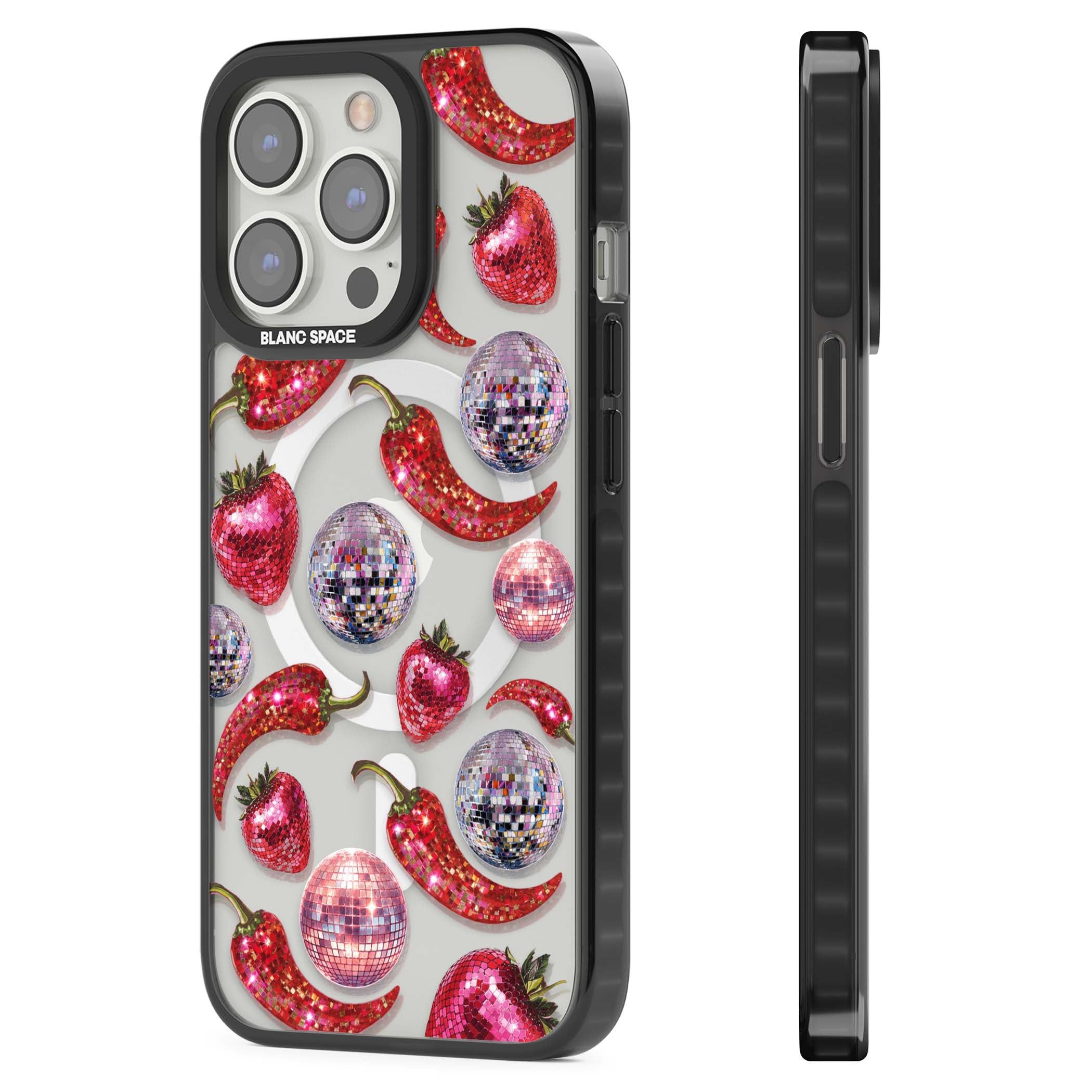 Spicy Disco Y2K iPhone case featuring glitter disco balls, sparkly strawberries and red chilli peppers | Black Impact Magsafe case for iPhone 13 Pro, iPhone 14 Pro, iPhone 15 Pro