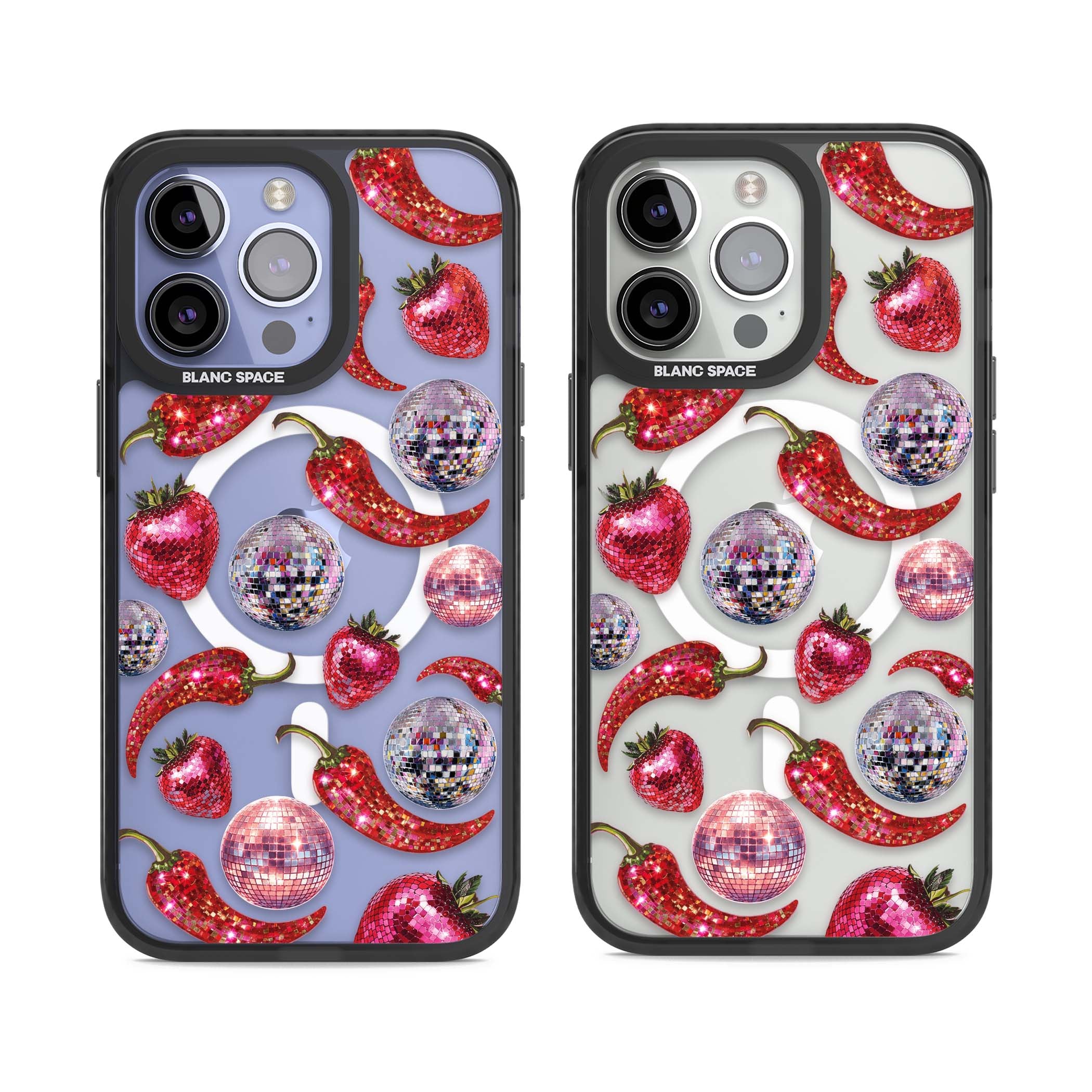 Spicy Disco Y2K iPhone case featuring glitter disco balls, sparkly strawberries and red chilli peppers | Black Impact Magsafe case for iPhone 13 Pro, iPhone 14 Pro, iPhone 15 Pro
