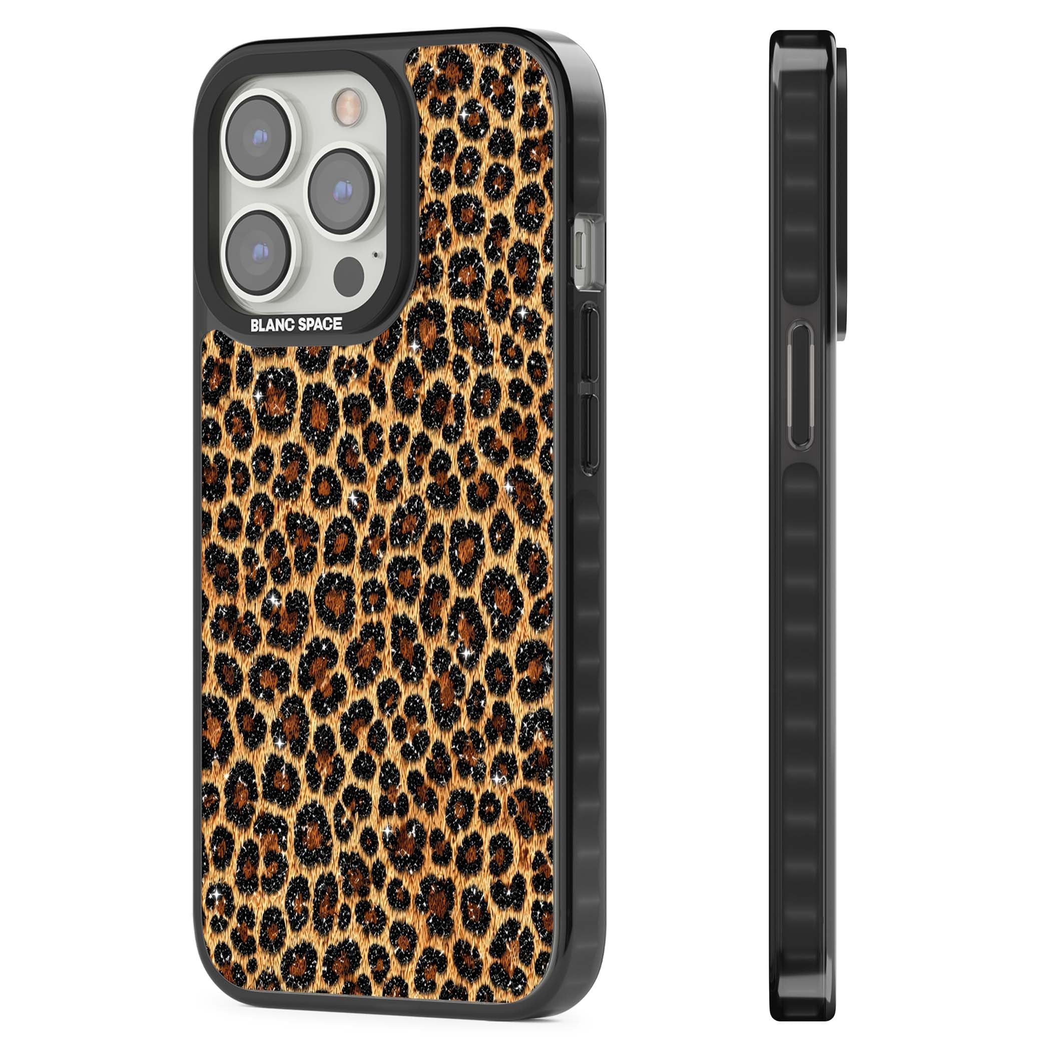 Diamond Leopard leopard print iPhone case featuring golden tan fur, black rosette spots and subtle glitter sparkle | Black Impact Magsafe case for iPhone 13 Pro, iPhone 14 Pro, iPhone 15 Pro