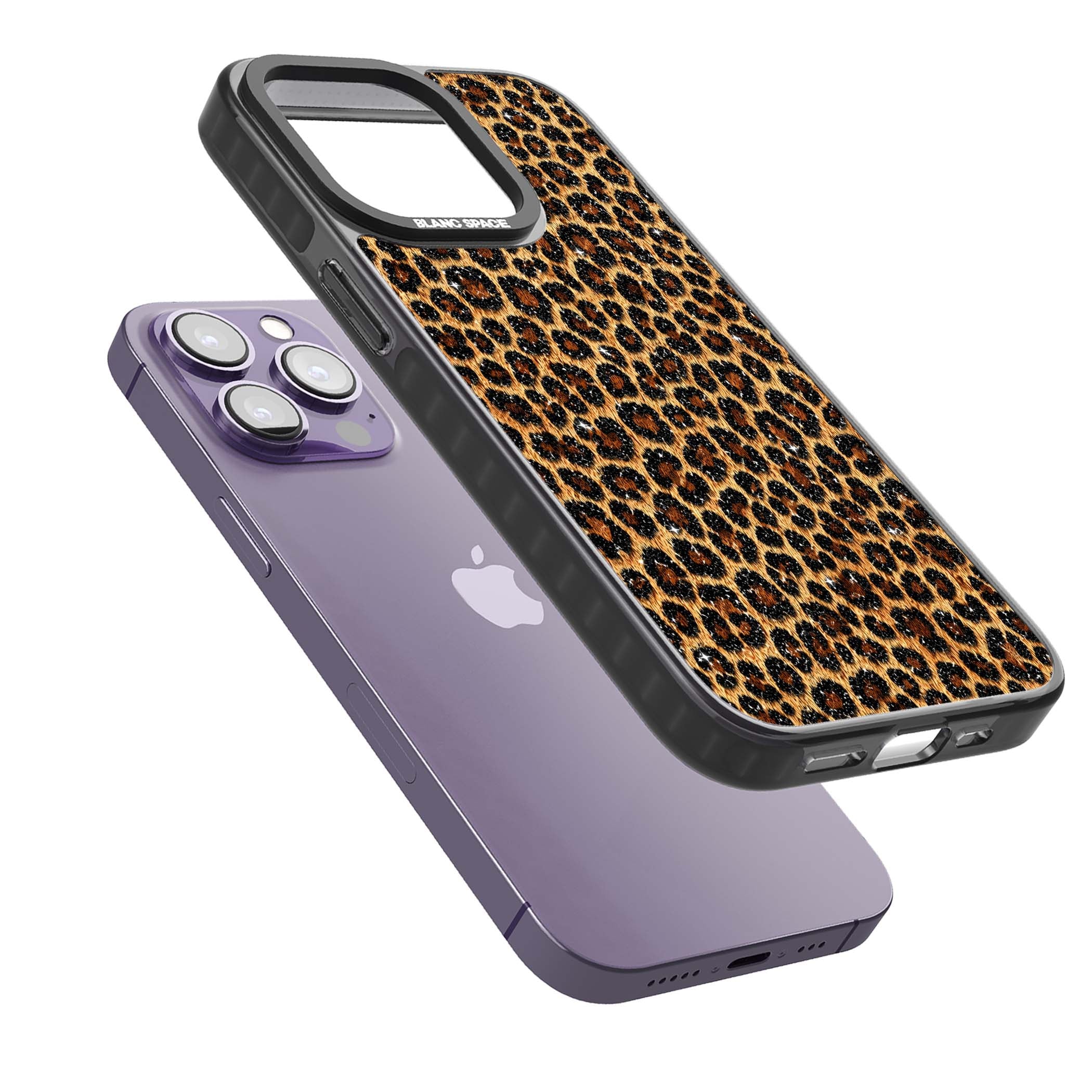 Diamond Leopard leopard print iPhone case featuring golden tan fur, black rosette spots and subtle glitter sparkle | Black Impact Magsafe case for iPhone 13 Pro, iPhone 14 Pro, iPhone 15 Pro