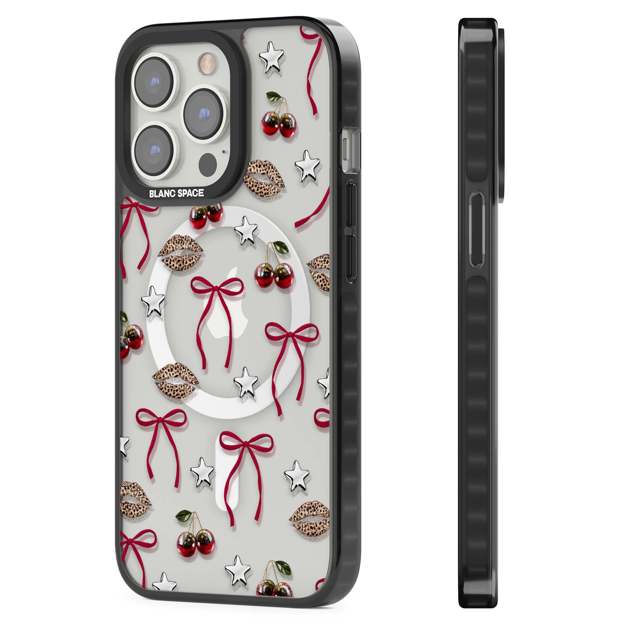 Starlet coquette iPhone case featuring red ribbon bows, disco cherries and leopard-print lips | Black Impact Magsafe case for iPhone 13 Pro, iPhone 14 Pro, iPhone 15 Pro