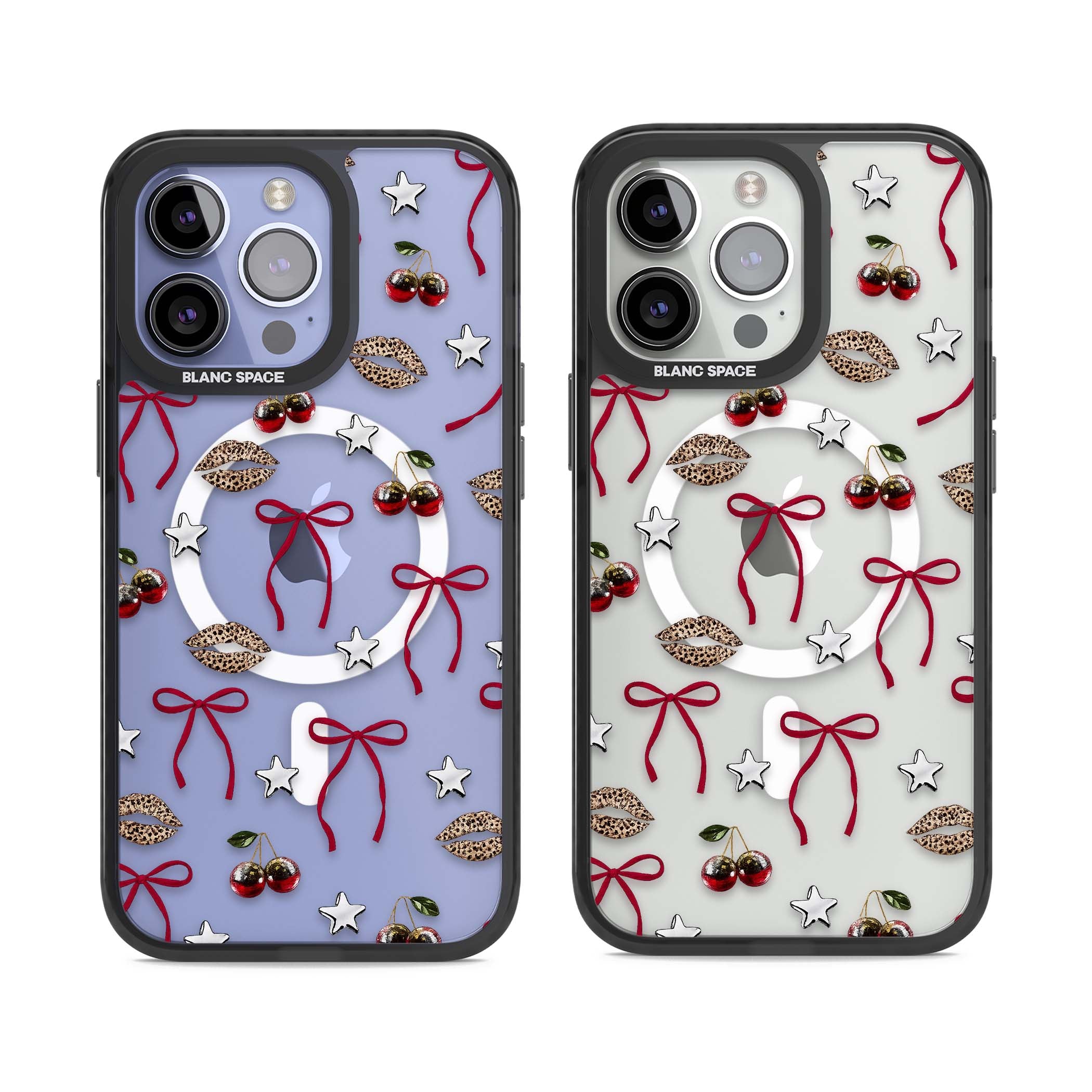 Starlet coquette iPhone case featuring red ribbon bows, disco cherries and leopard-print lips | Black Impact Magsafe case for iPhone 13 Pro, iPhone 14 Pro, iPhone 15 Pro
