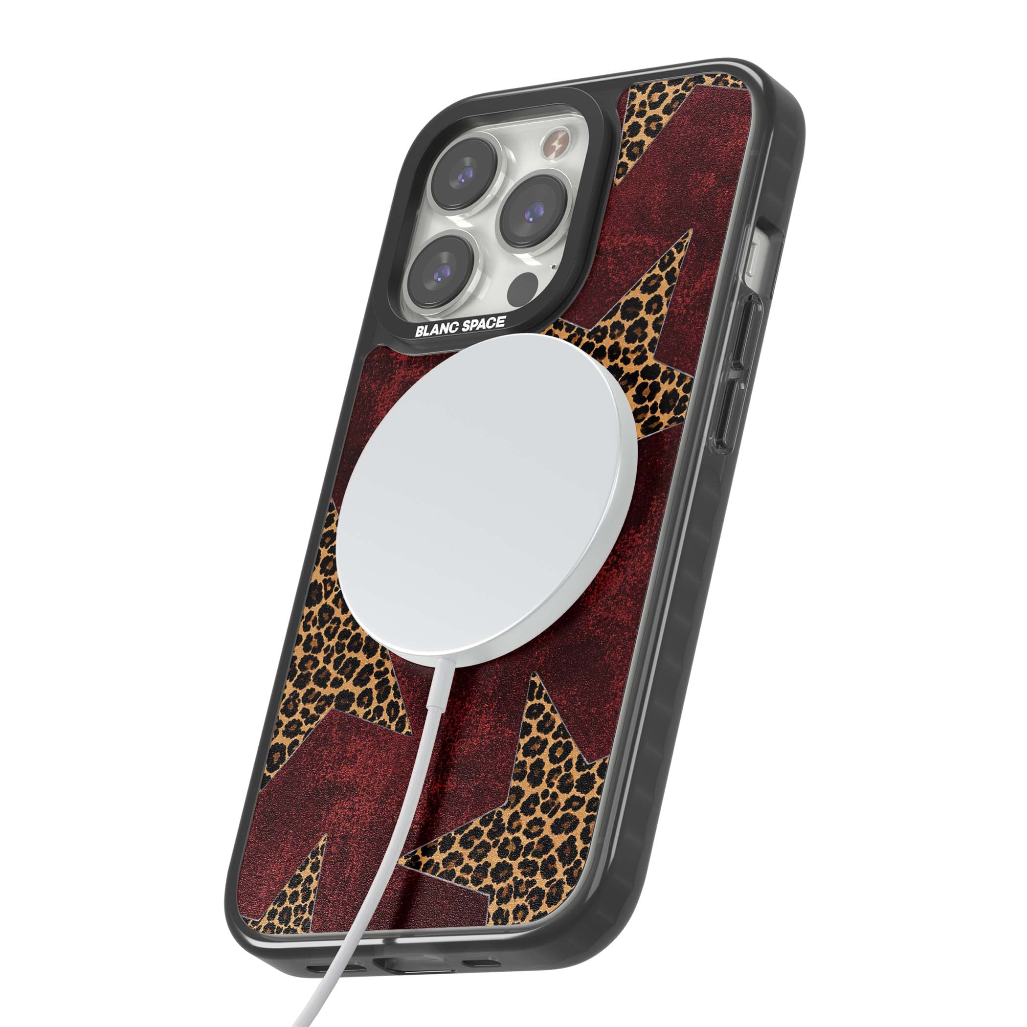 Showgirl leopard print iPhone case featuring cheetah print stars on distressed red grunge background | Black Impact Magsafe case for iPhone 13 Pro, iPhone 14 Pro, iPhone 15 Pro