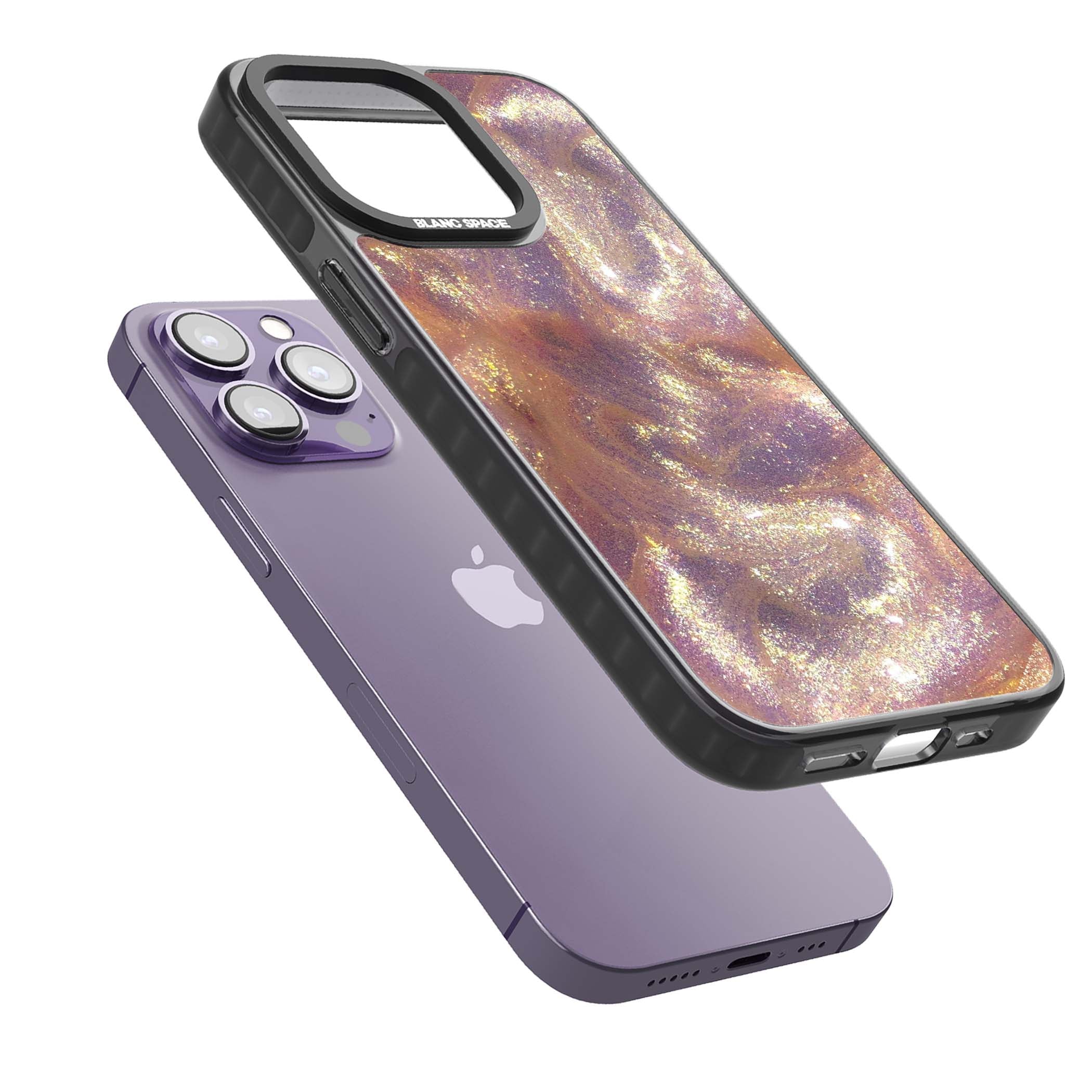 Shimmer marble iPhone case featuring rose gold glitter swirls, lilac shimmer and iridescent pearl finish | Black Impact Magsafe case for iPhone 13 Pro, iPhone 14 Pro, iPhone 15 Pro