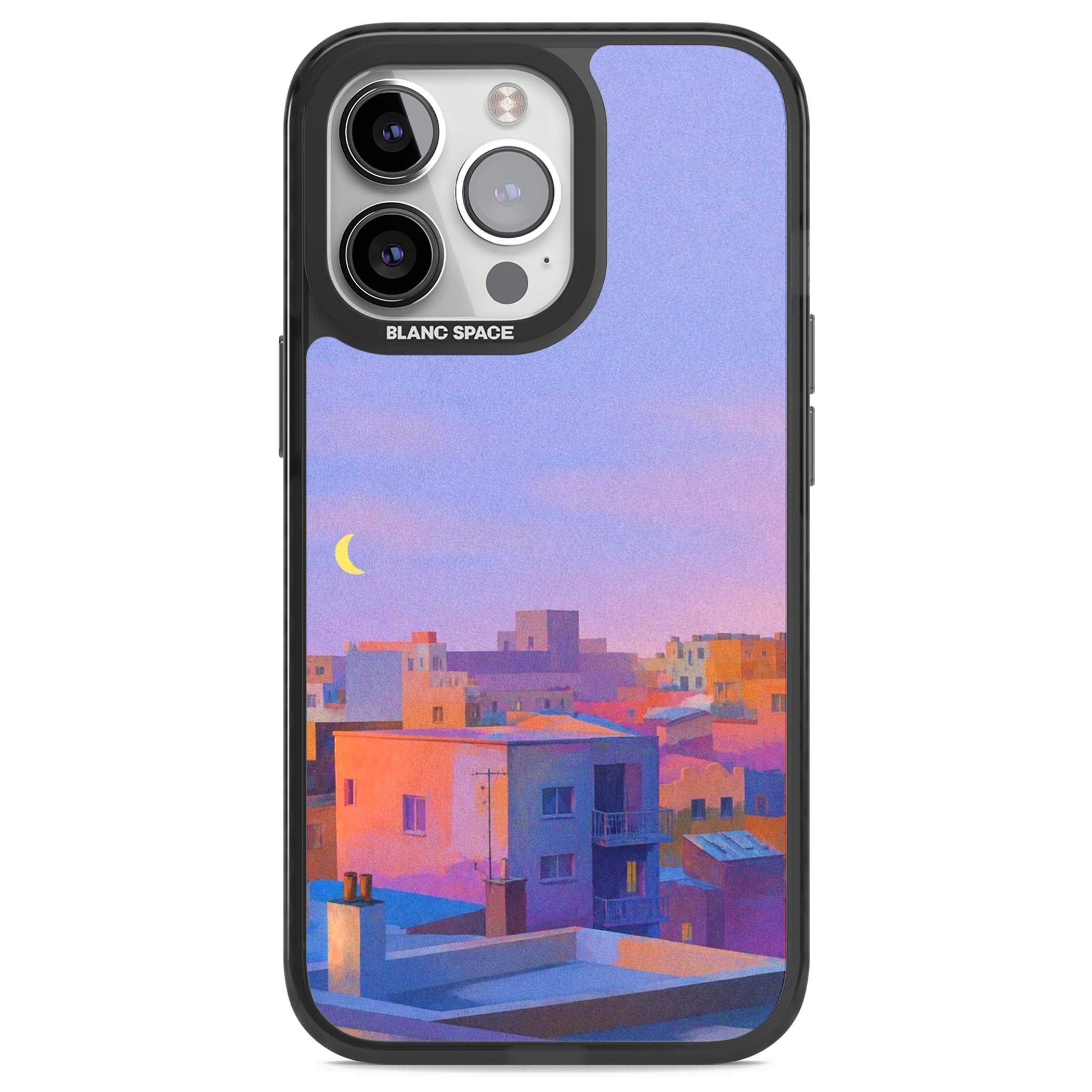 Twilight Rooftops vaporwave iPhone case featuring a pastel sunset cityscape, painted rooftops and a crescent moon. | Black Impact Magsafe case for iPhone 13 Pro, iPhone 14 Pro, iPhone 15 Pro