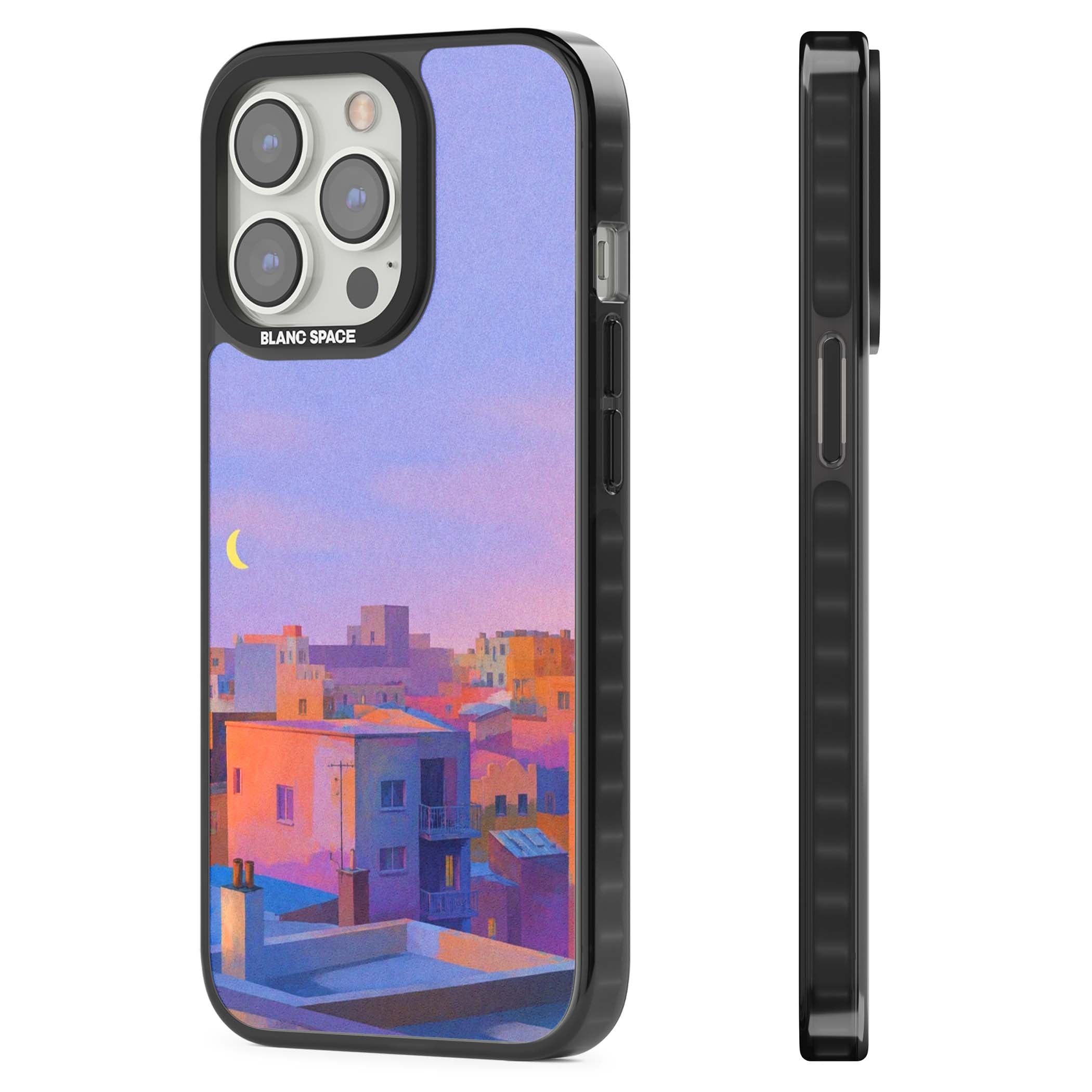 Twilight Rooftops vaporwave iPhone case featuring a pastel sunset cityscape, painted rooftops and a crescent moon. | Black Impact Magsafe case for iPhone 13 Pro, iPhone 14 Pro, iPhone 15 Pro