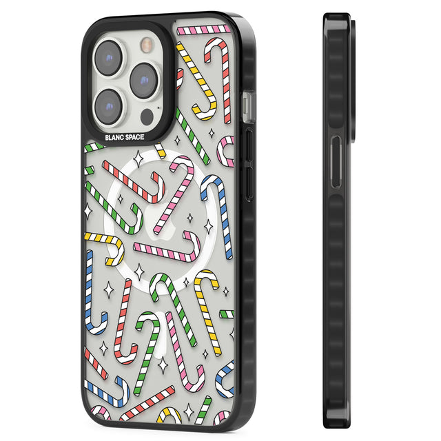 Colourful Stars & Candy Canes Magsafe Black Impact Phone Case for iPhone 13 Pro, iPhone 14 Pro, iPhone 15 Pro