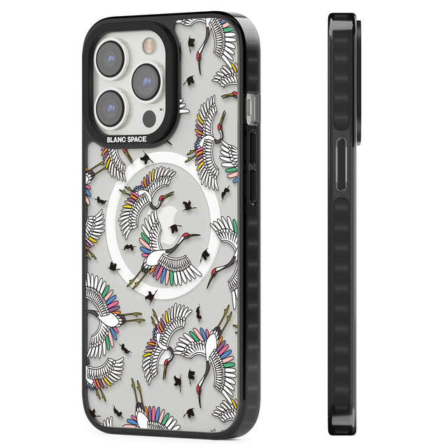 Colourful Crane Pattern Magsafe Black Impact Phone Case for iPhone 13 Pro, iPhone 14 Pro, iPhone 15 Pro