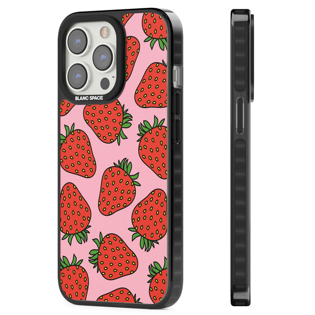 Strawberry Pattern (Pink) Magsafe Black Impact Phone Case for iPhone 13 Pro, iPhone 14 Pro, iPhone 15 Pro