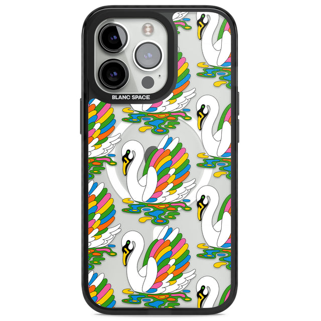 Colourful Swan Pattern Magsafe Black Impact Phone Case for iPhone 13 Pro, iPhone 14 Pro, iPhone 15 Pro