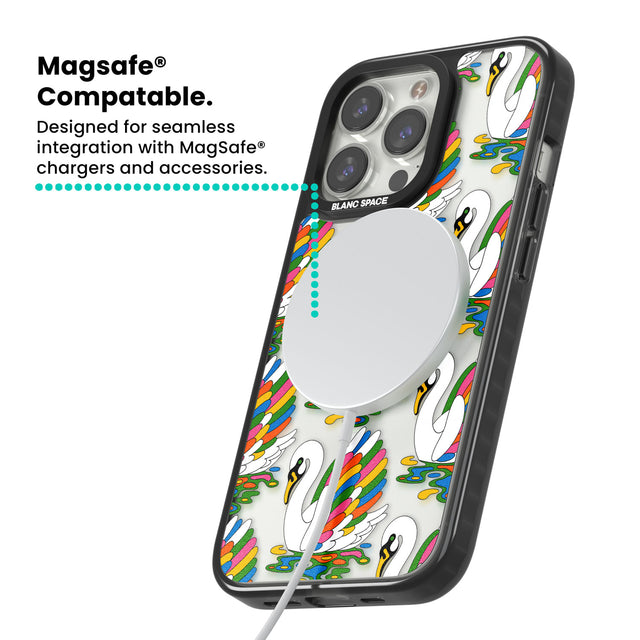 Colourful Swan Pattern Magsafe Black Impact Phone Case for iPhone 13 Pro, iPhone 14 Pro, iPhone 15 Pro