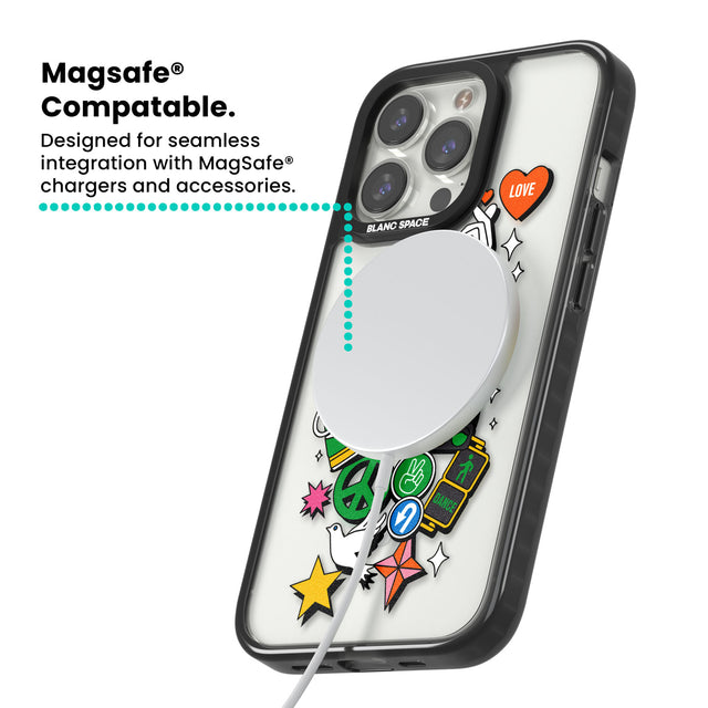 Nostalgic Sticker Collage Magsafe Black Impact Phone Case for iPhone 13 Pro, iPhone 14 Pro, iPhone 15 Pro