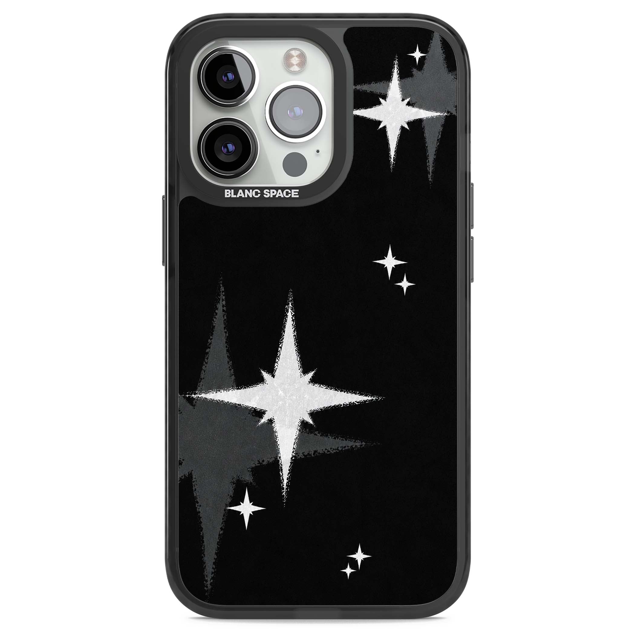 Black Sparkle celestial iPhone case featuring white sparkle stars on a black night sky background | Black Impact Magsafe case for iPhone 13 Pro, iPhone 14 Pro, iPhone 15 Pro