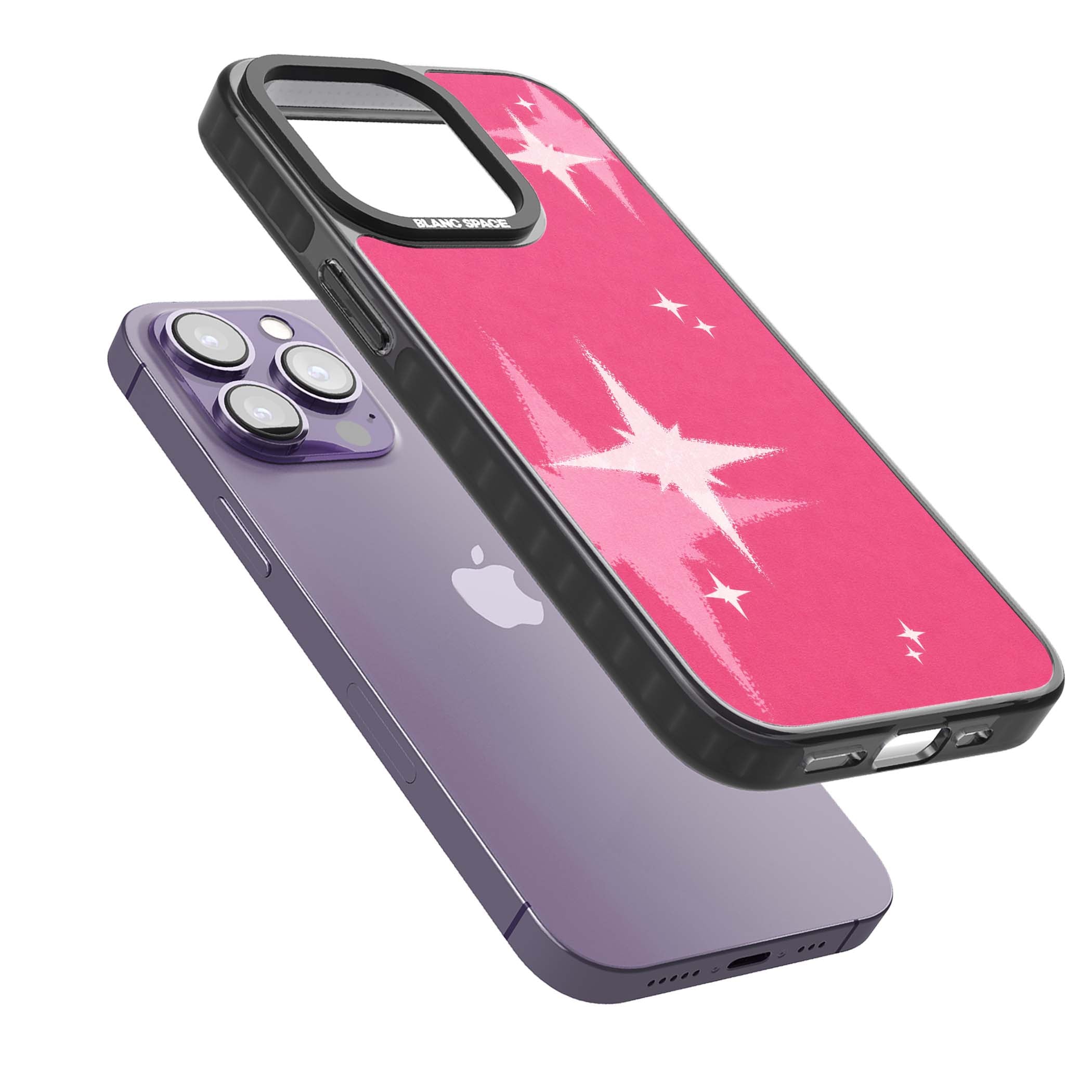 Pink Sparkle Y2K iPhone case featuring hot pink background with shimmering white starburst pattern | Black Impact Magsafe case for iPhone 13 Pro, iPhone 14 Pro, iPhone 15 Pro