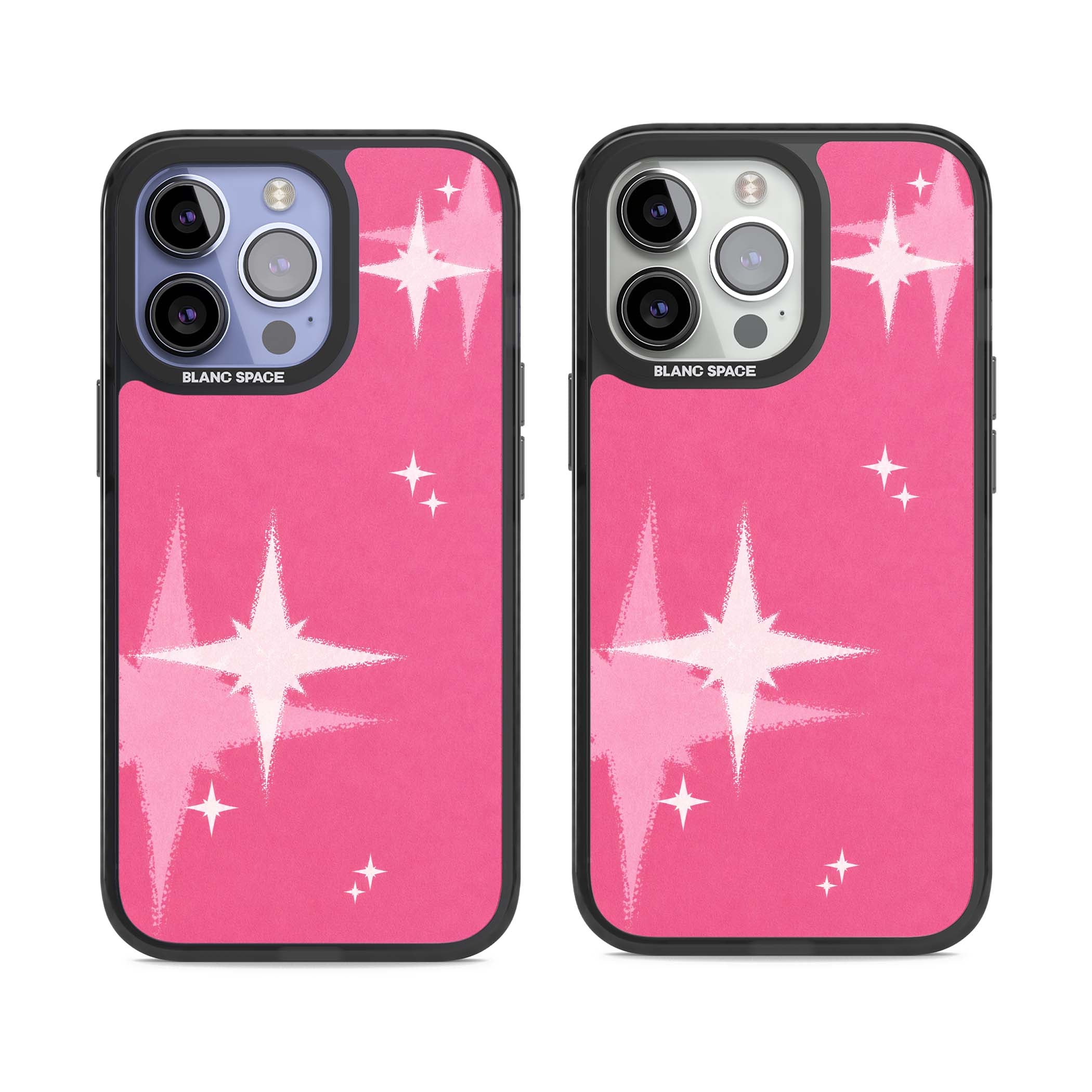 Pink Sparkle Y2K iPhone case featuring hot pink background with shimmering white starburst pattern | Black Impact Magsafe case for iPhone 13 Pro, iPhone 14 Pro, iPhone 15 Pro