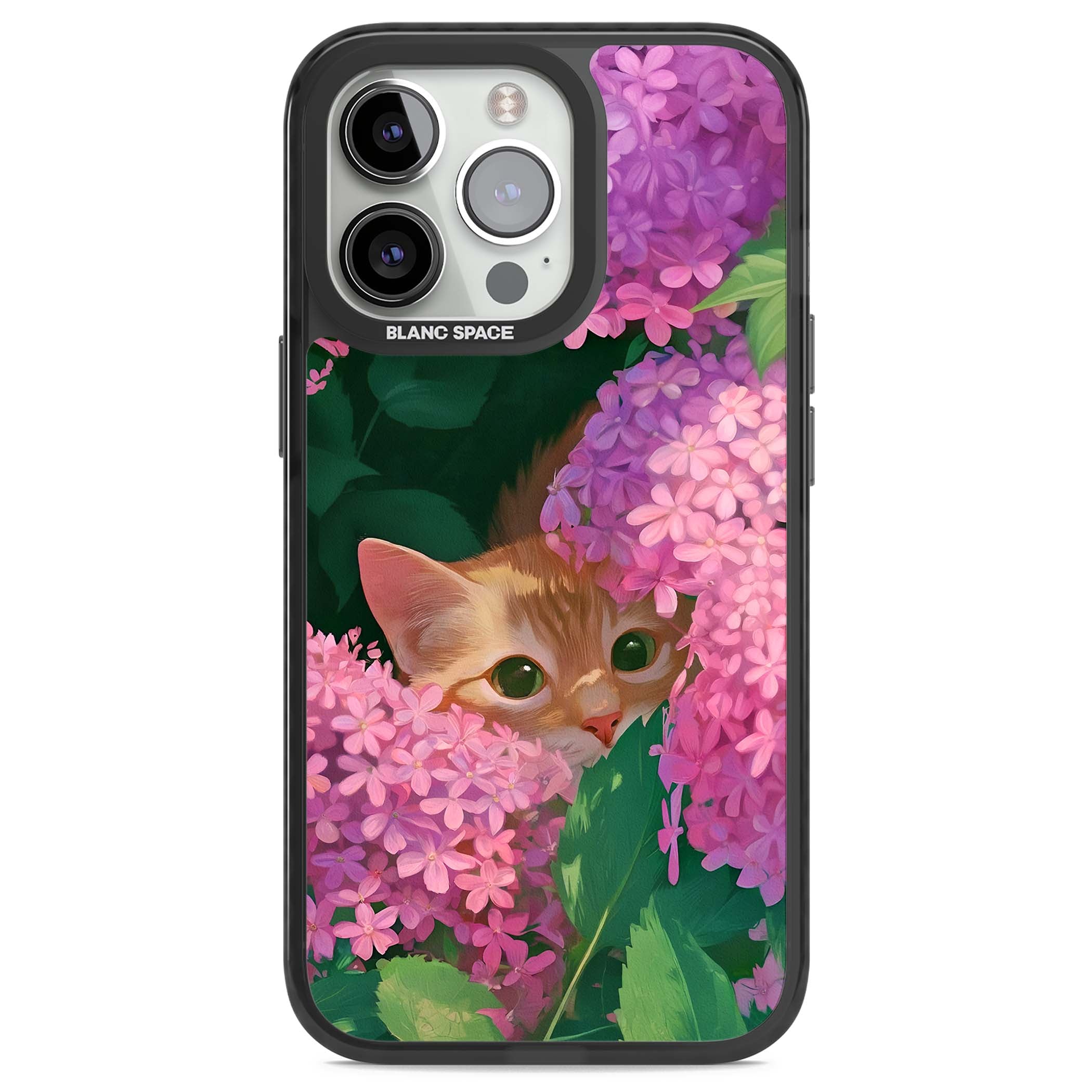 Cat In Pink Flowers cottagecore iPhone case featuring a ginger kitten peeking through lilac and pink hydrangea flo | Black Impact Magsafe case for iPhone 13 Pro, iPhone 14 Pro, iPhone 15 Pro