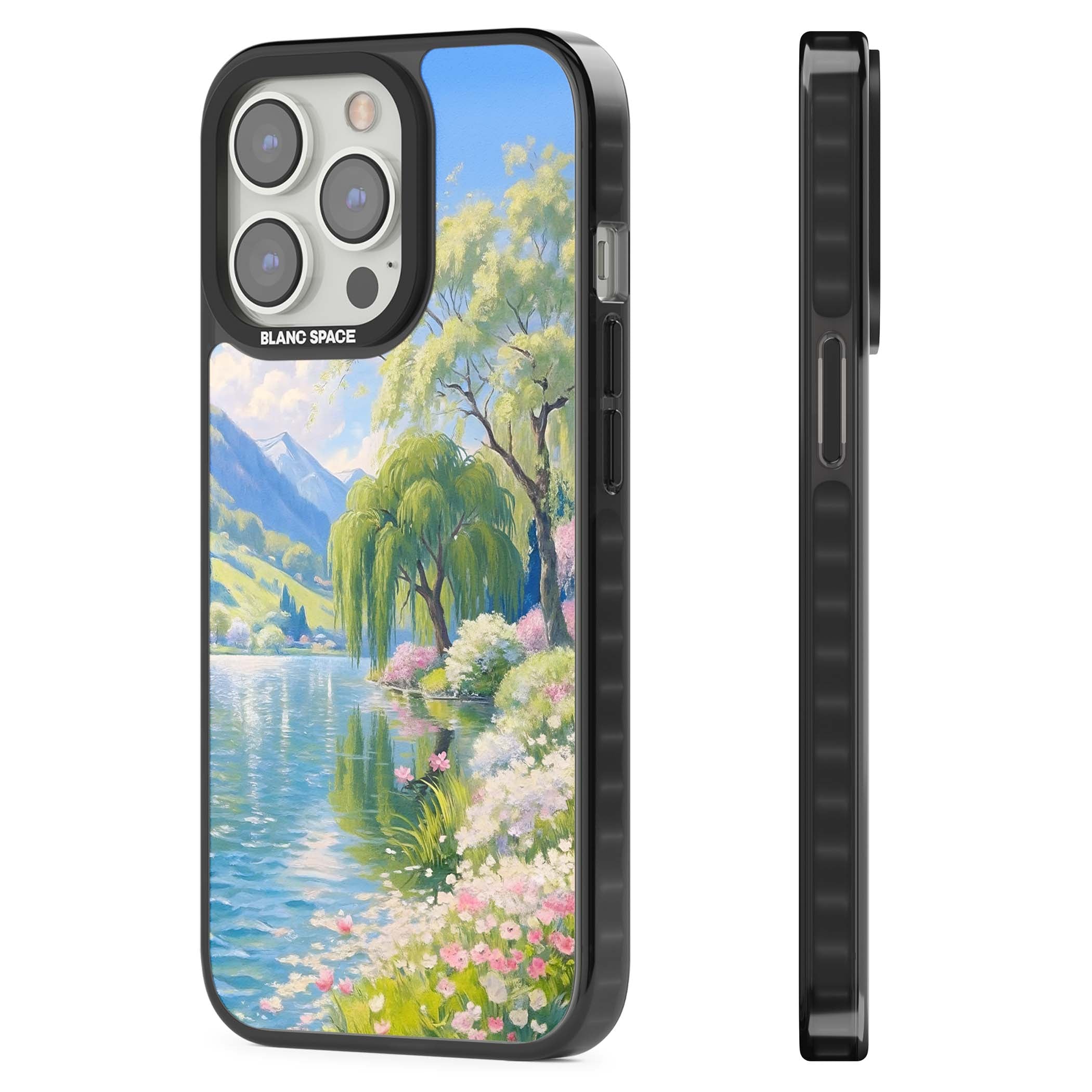 Willow Lake cottagecore iPhone case featuring a painted lakeside with weeping willow, blossoms and distant mountains | Black Impact Magsafe case for iPhone 13 Pro, iPhone 14 Pro, iPhone 15 Pro