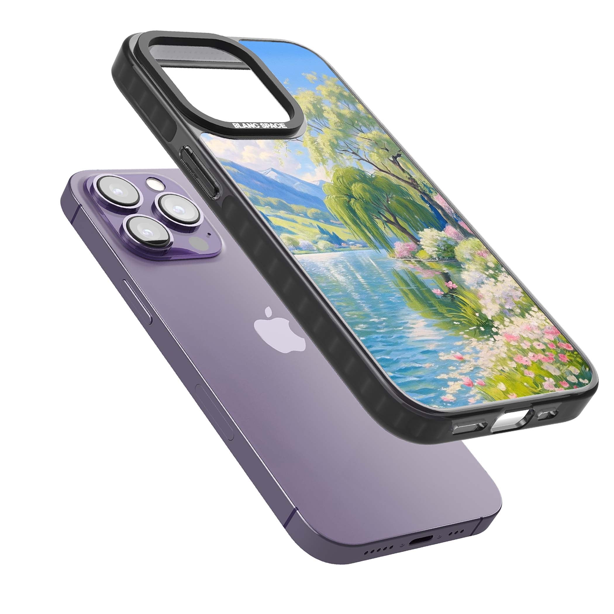 Willow Lake cottagecore iPhone case featuring a painted lakeside with weeping willow, blossoms and distant mountains | Black Impact Magsafe case for iPhone 13 Pro, iPhone 14 Pro, iPhone 15 Pro