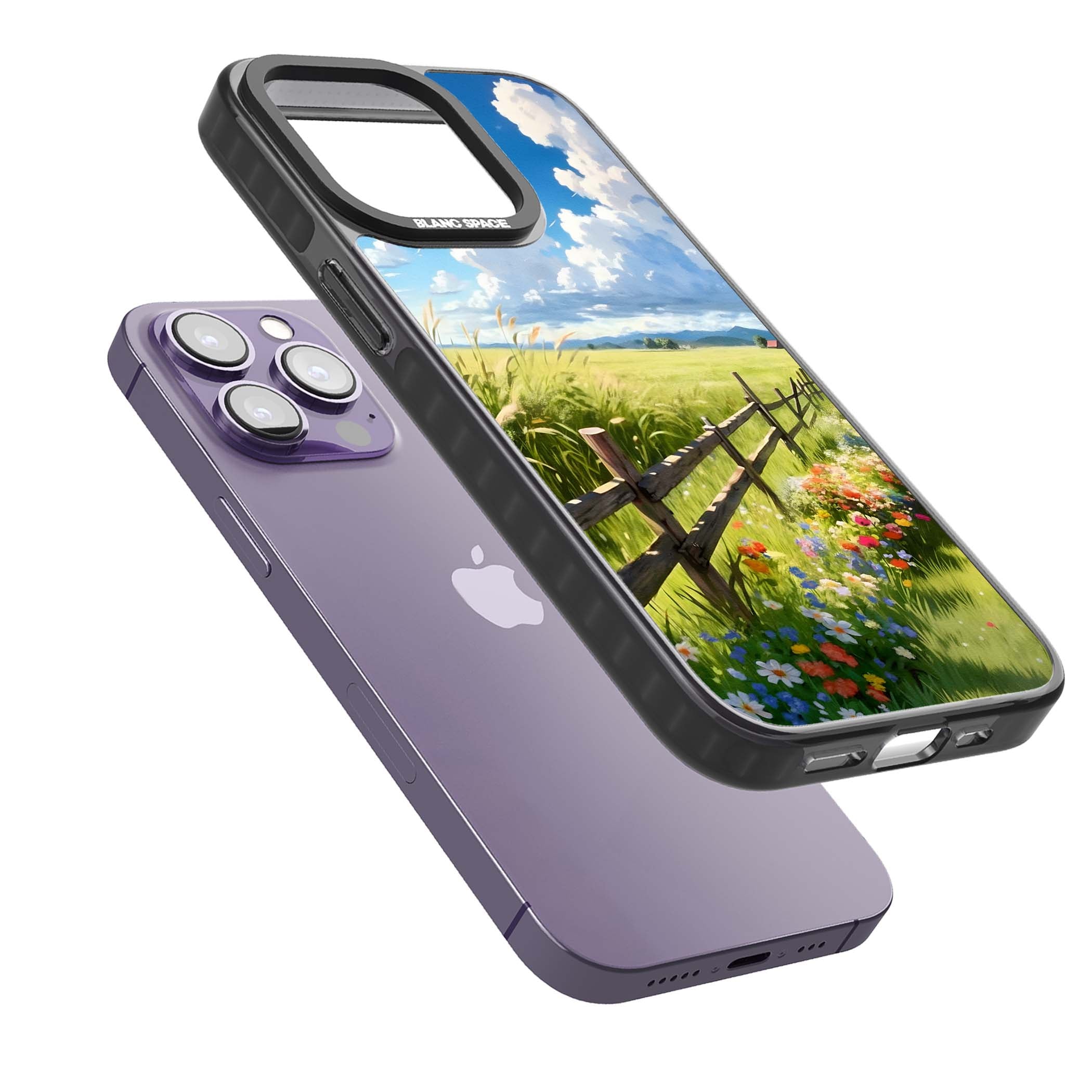A Countryside Afternoon cottagecore iPhone case featuring a painted countryside meadow, wooden fence, and wildflowers beneath | Black Impact Magsafe case for iPhone 13 Pro, iPhone 14 Pro, iPhone 15 Pro
