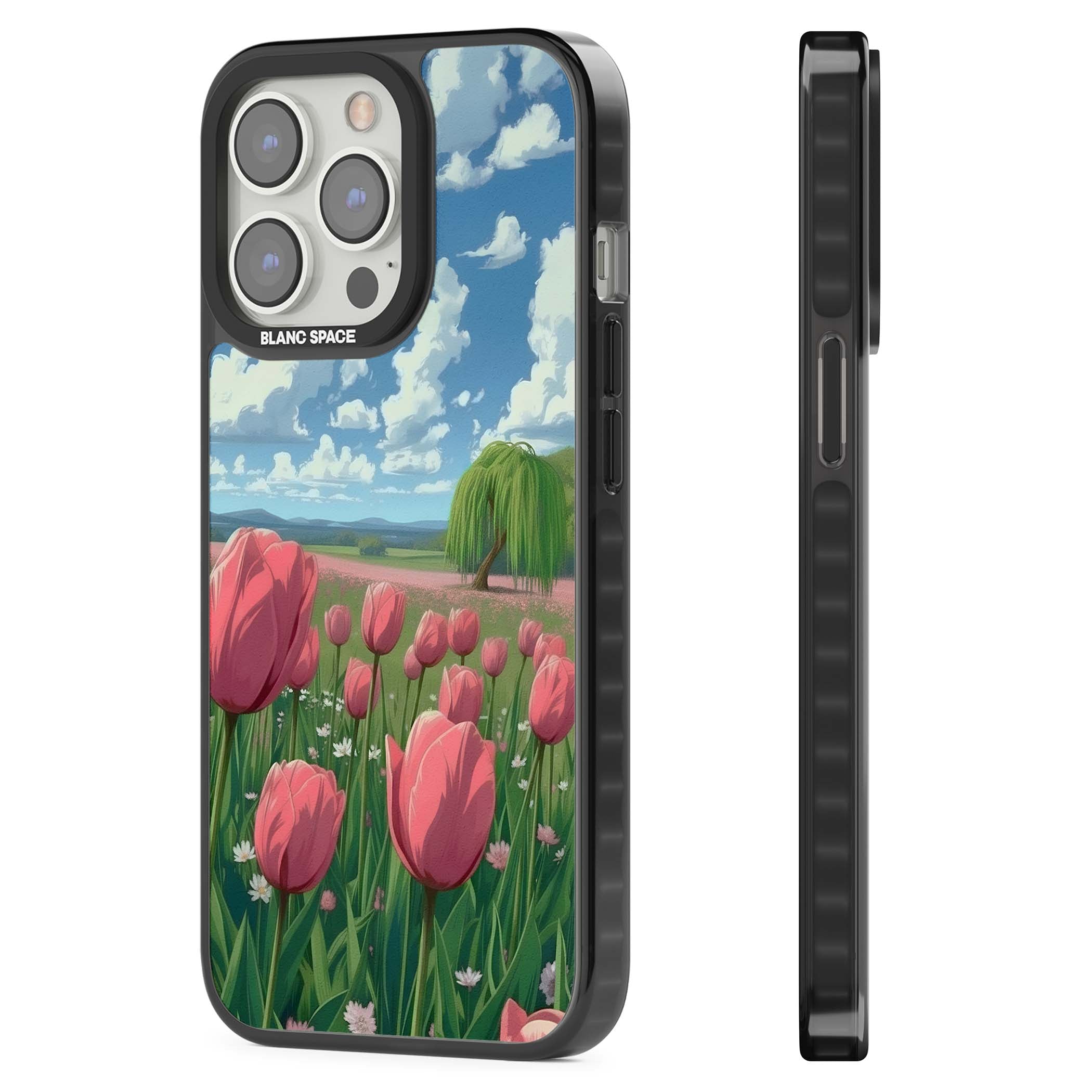 Willow By The Pink Tulips floral iPhone case | Black Impact Magsafe case for iPhone 13 Pro, iPhone 14 Pro, iPhone 15 Pro