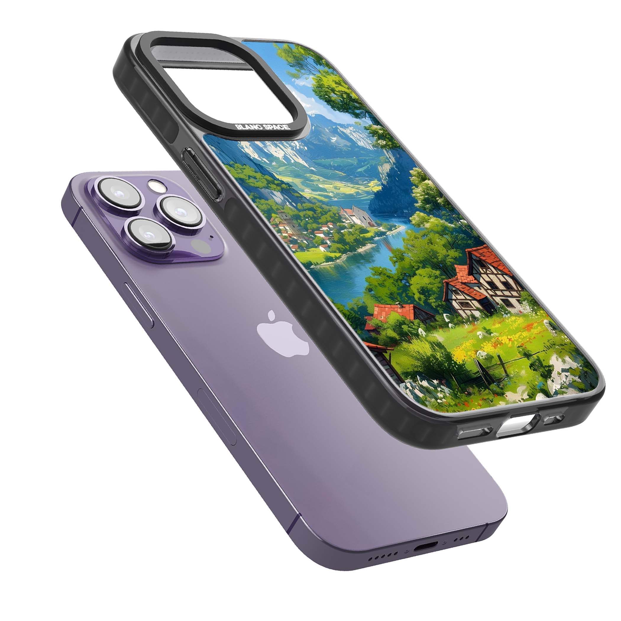Village In The Valley anime iPhone case featuring a painted mountain village, river valley and half-timbered cottages. | Black Impact Magsafe case for iPhone 13 Pro, iPhone 14 Pro, iPhone 15 Pro