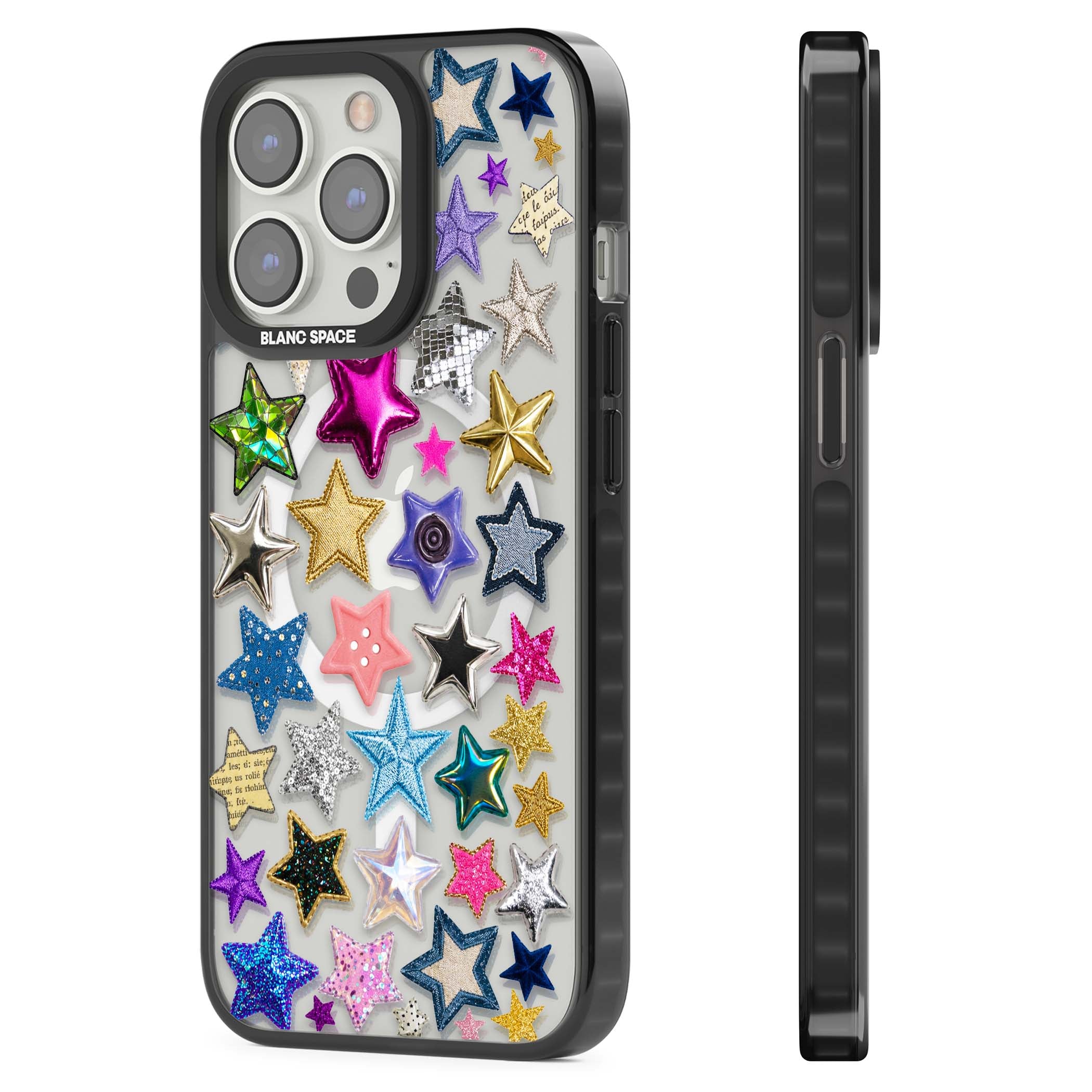 Crafty Star Mix Y2K iPhone case featuring embroidered, sequinned and glitter star patches in rainbow colours | Black Impact Magsafe case for iPhone 13 Pro, iPhone 14 Pro, iPhone 15 Pro